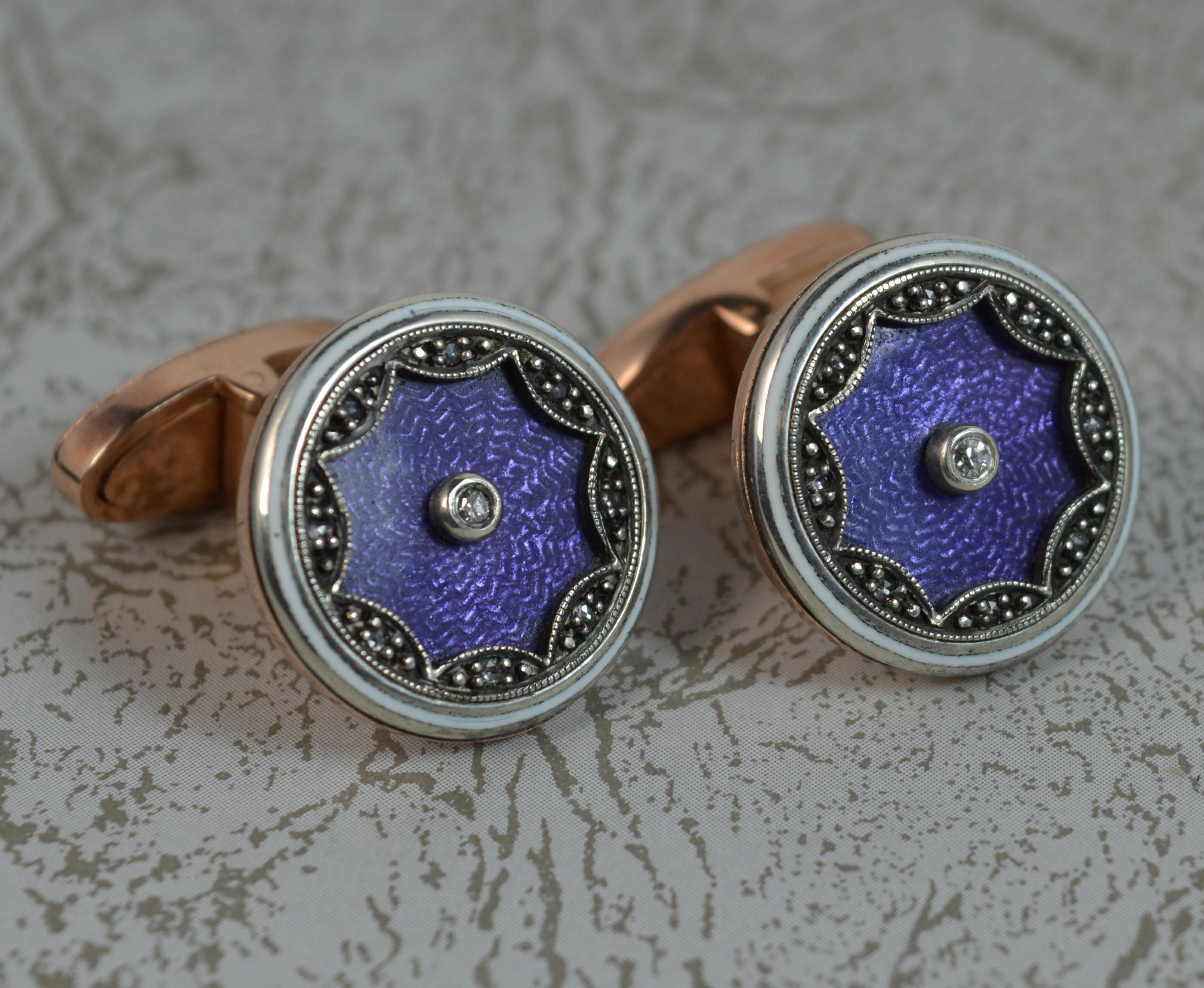 14 Carat Rose Gold Lilac Enamel and Diamond Cufflinks 3