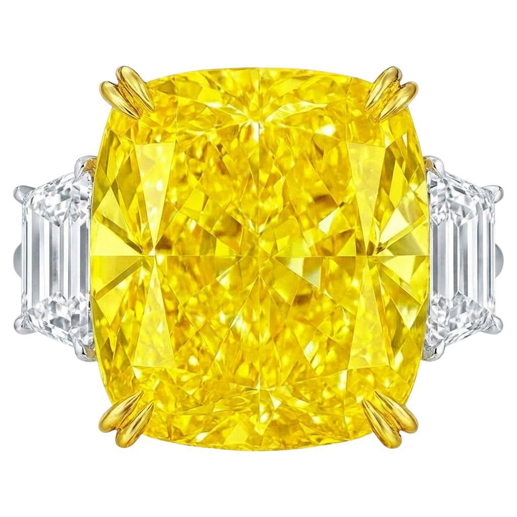 GIA Certified 19 Carat Fancy Yellow Cushion Diamond Ring For Sale