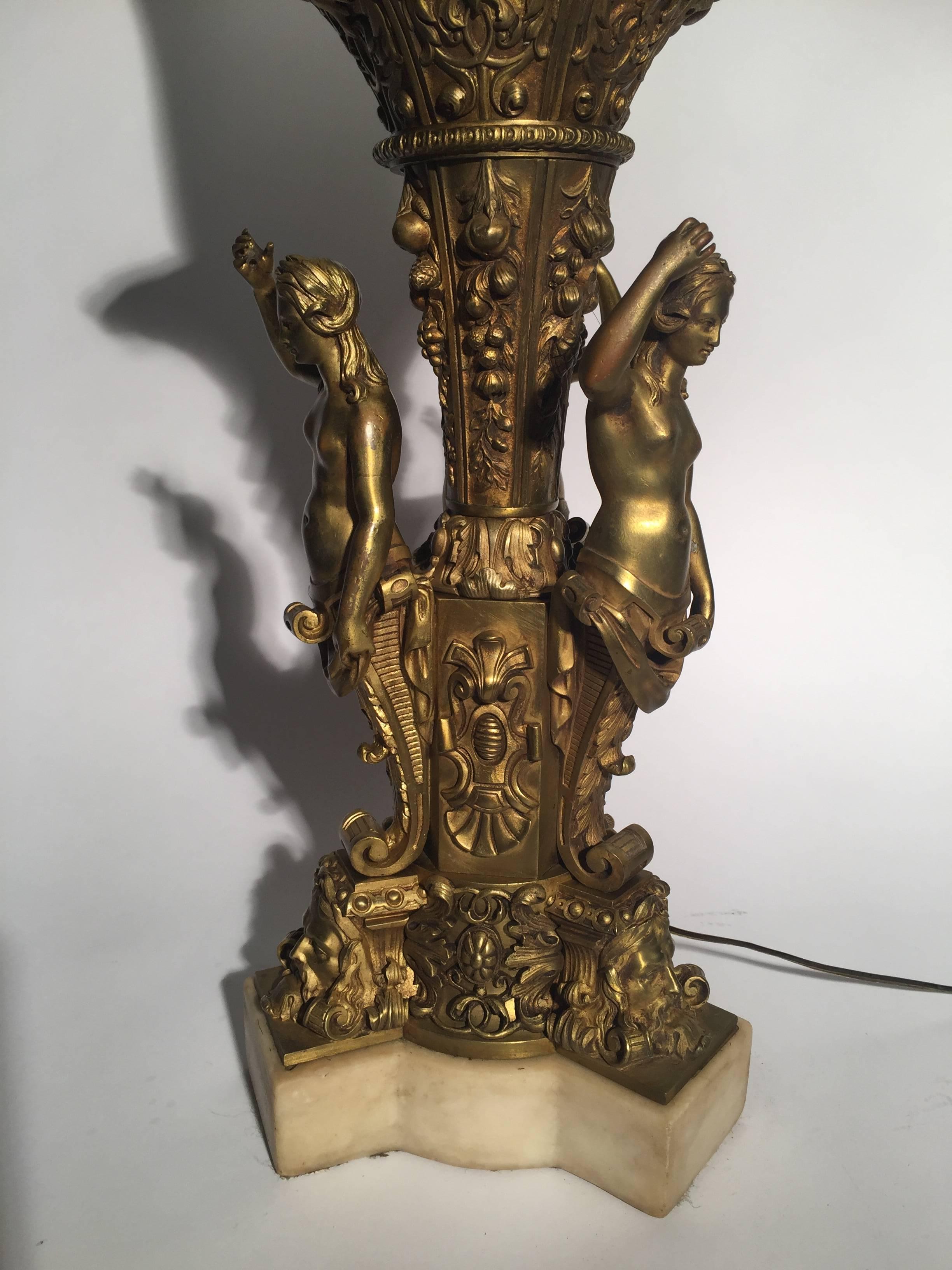 Exceptional figural gilt bronze lamps, very good original patina, circa 1890s.
Impressive in any room and setting.