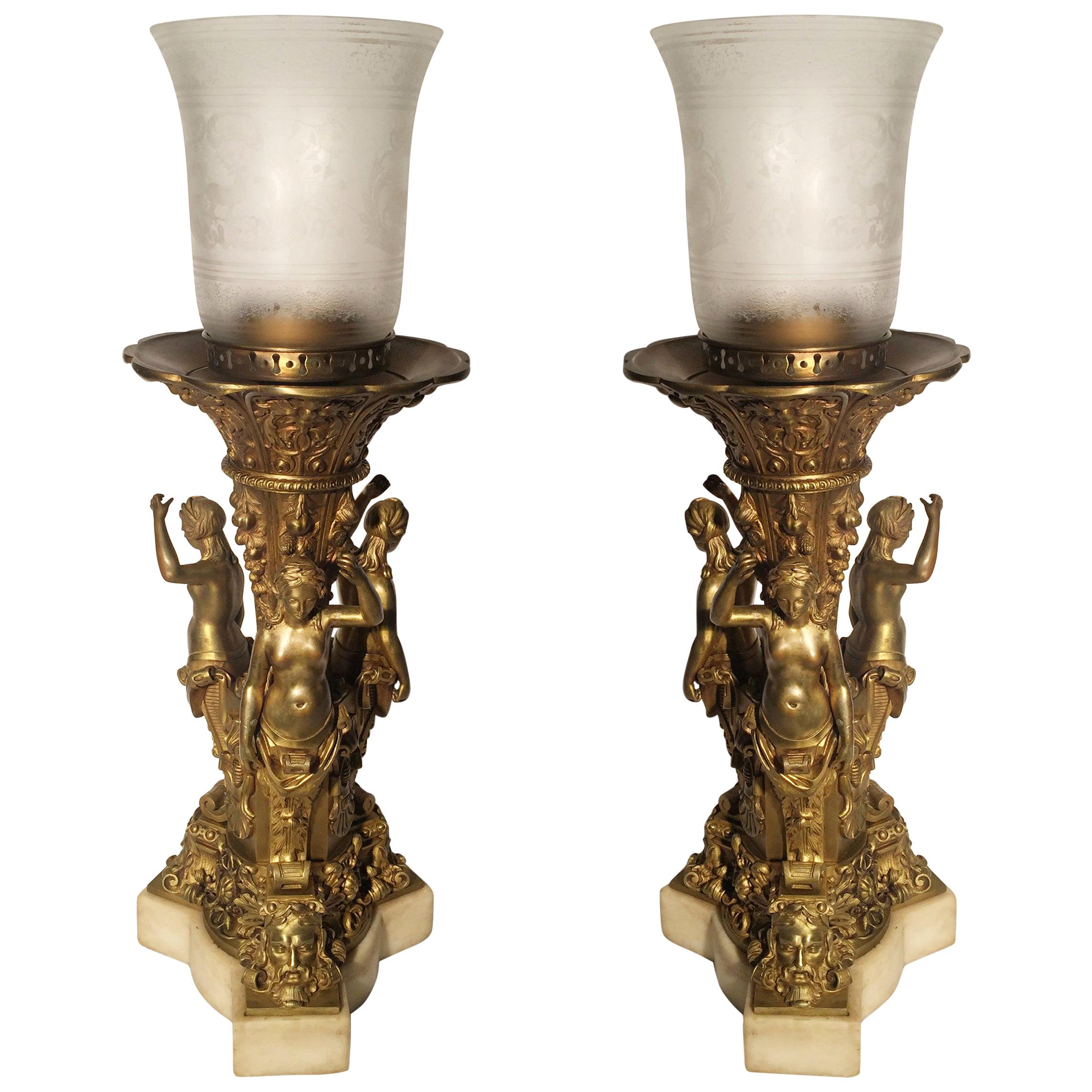 Exceptional Figural Gilt Bronze Lamps, circa 1890s