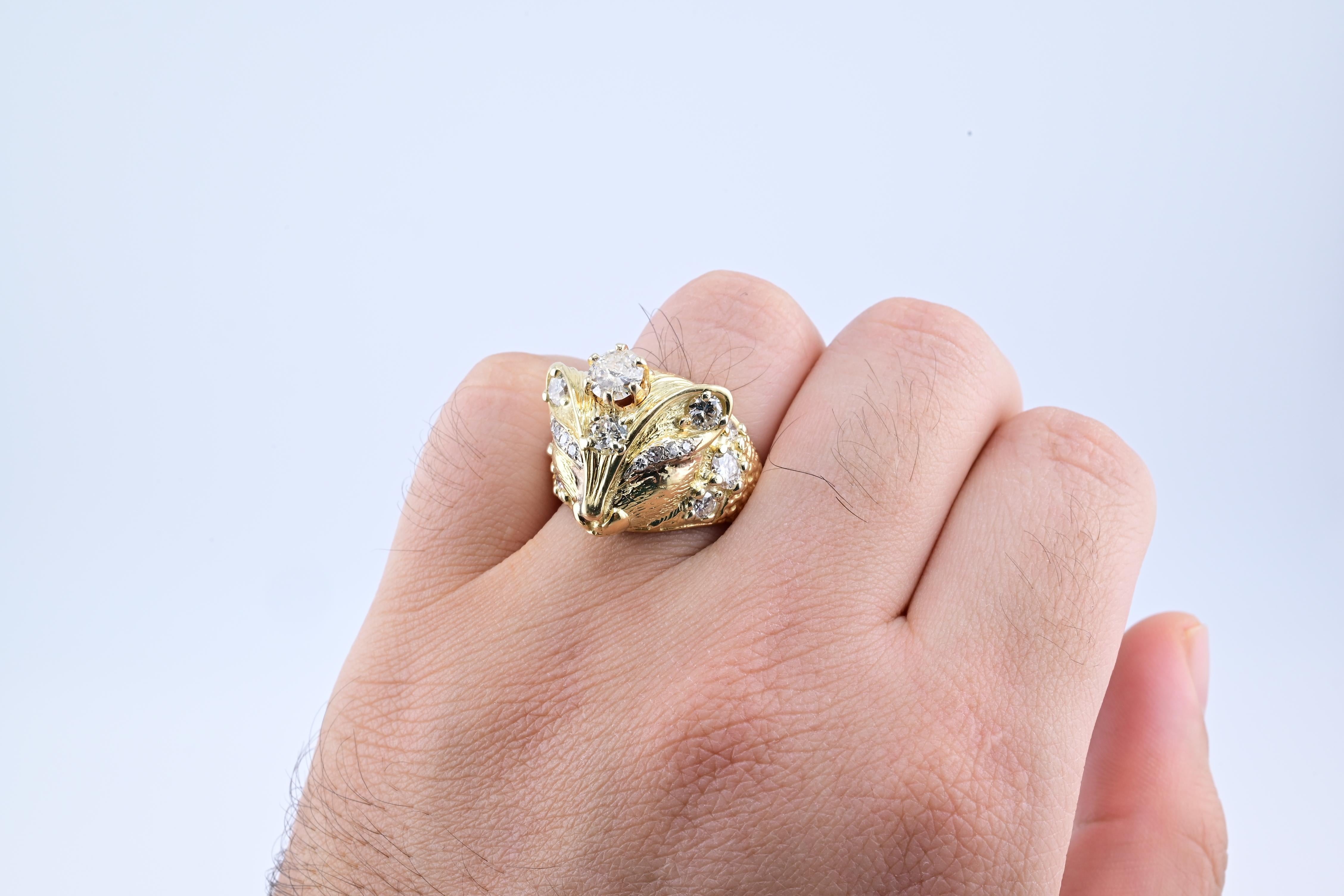 Exceptional Fine 14K Yellow Gold Fox Ring With Natural Diamonds 14.08 Grams 6