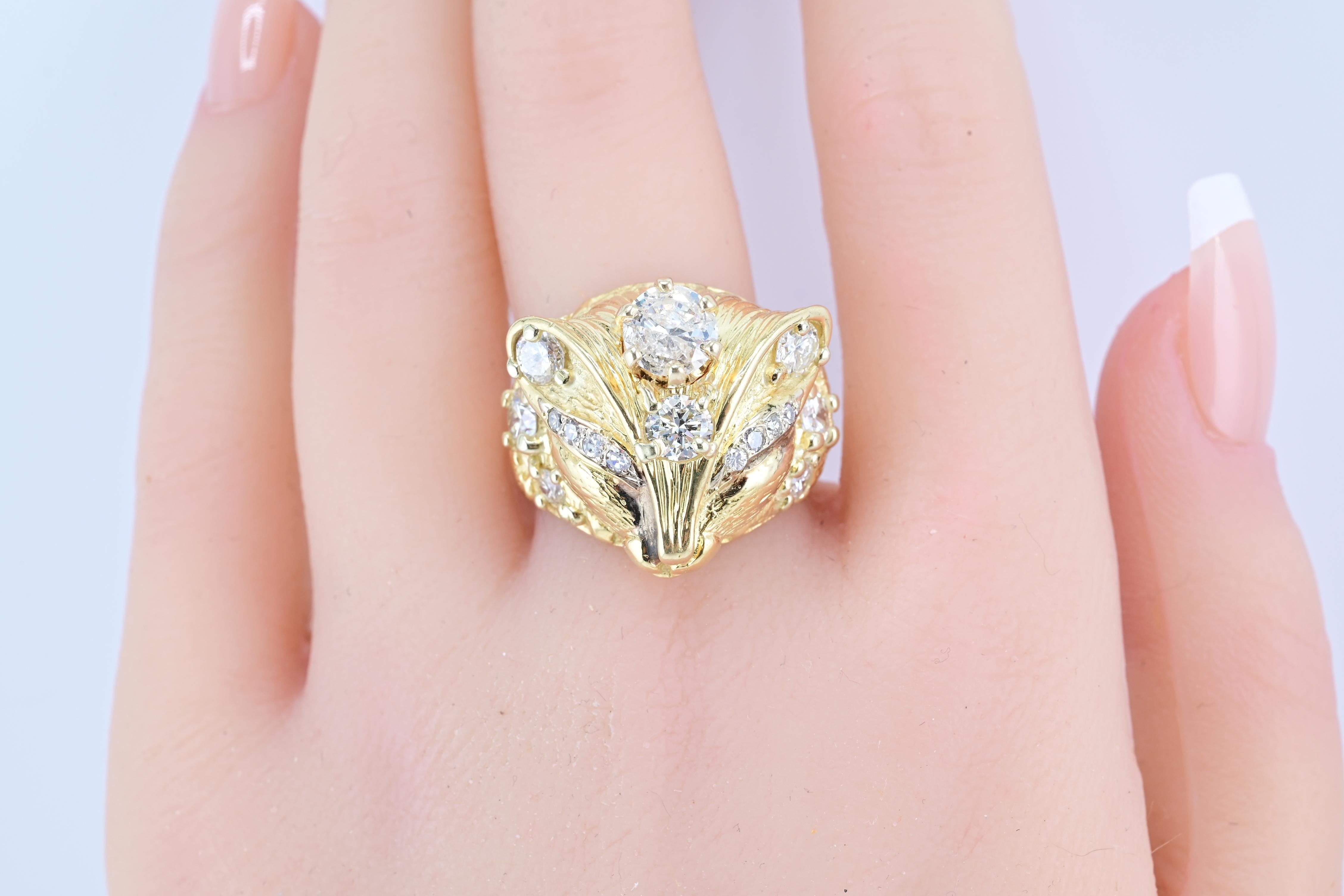 Round Cut Exceptional Fine 14K Yellow Gold Fox Ring With Natural Diamonds 14.08 Grams