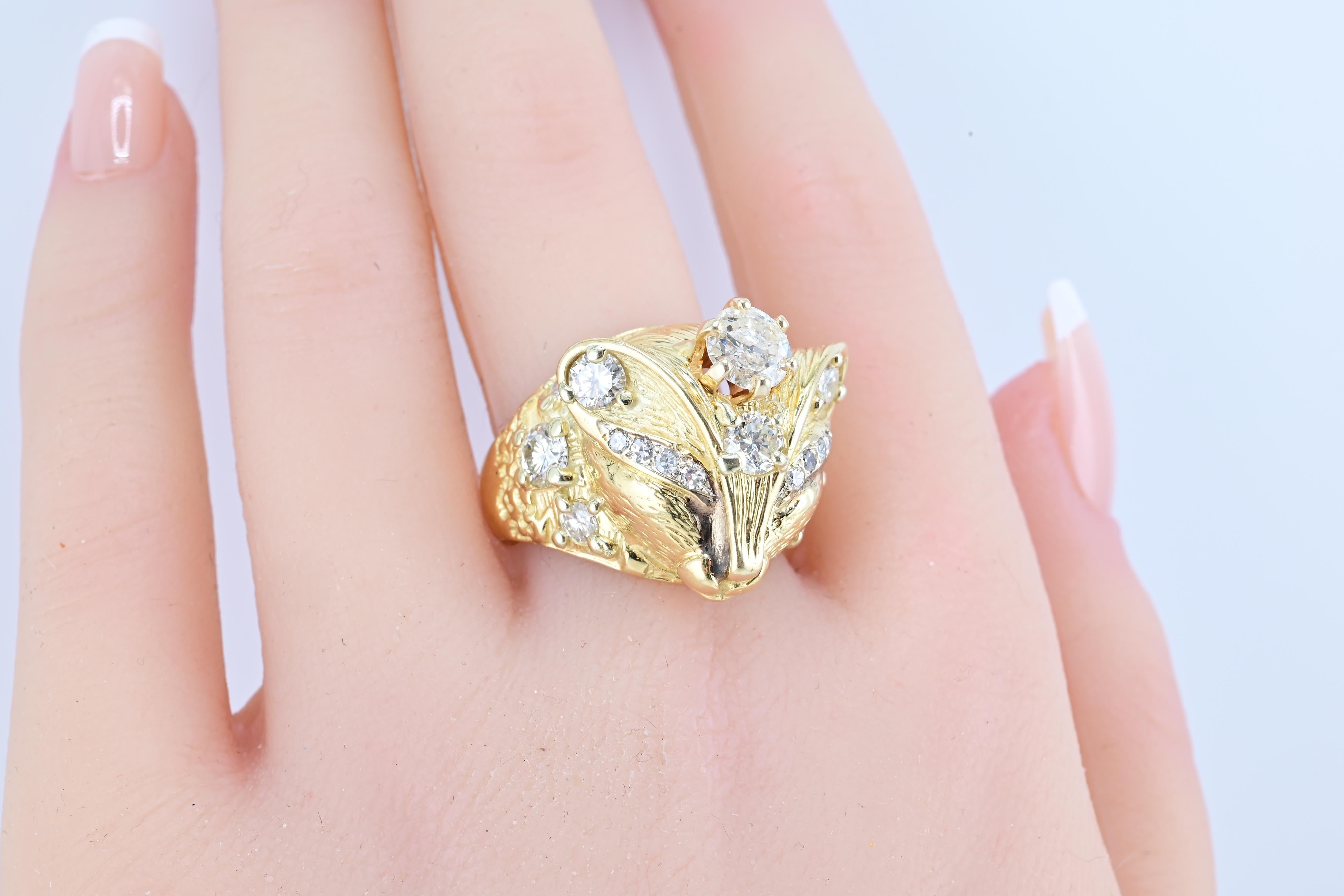 Exceptional Fine 14K Yellow Gold Fox Ring With Natural Diamonds 14.08 Grams In Good Condition In Media, PA