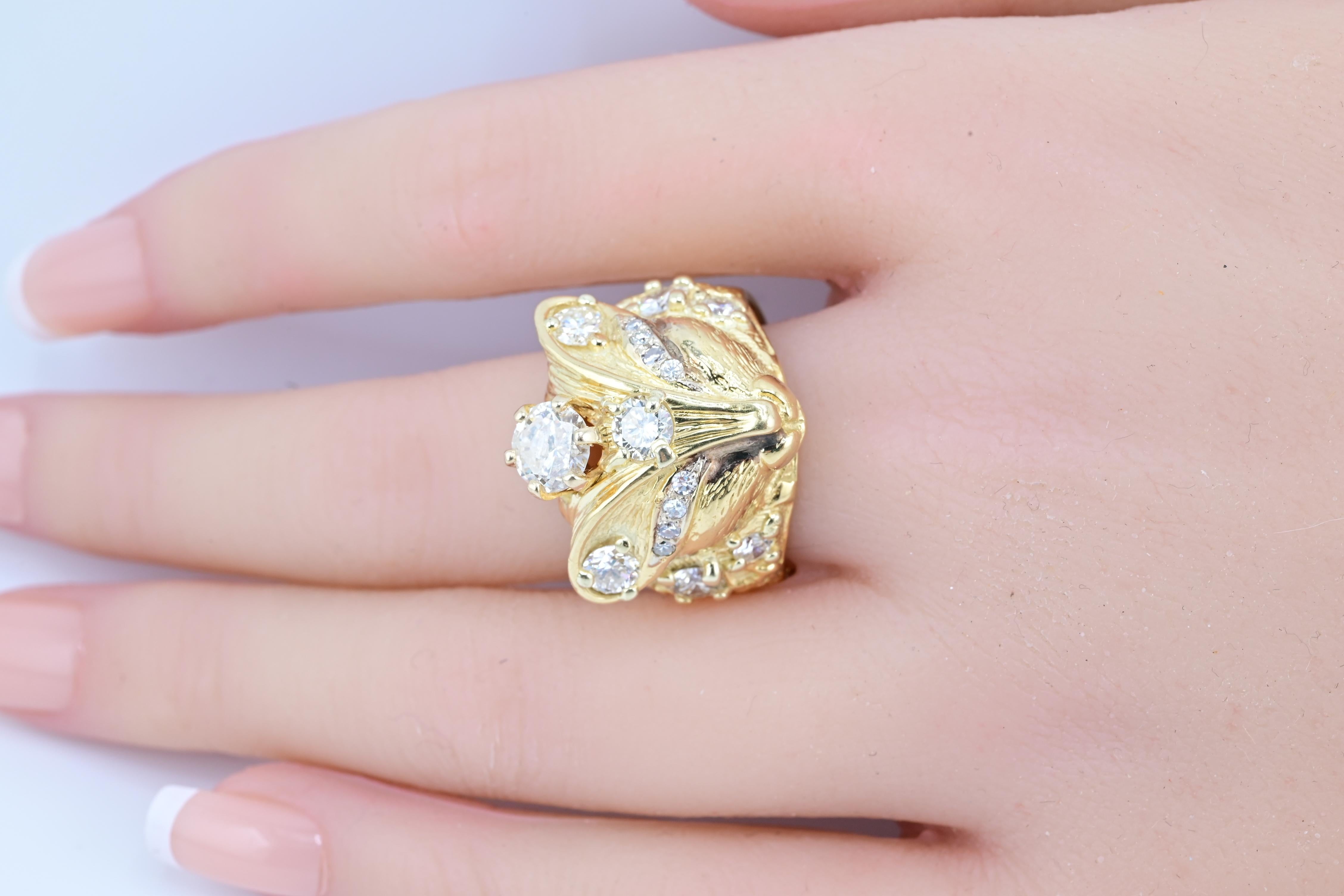 Exceptional Fine 14K Yellow Gold Fox Ring With Natural Diamonds 14.08 Grams 1