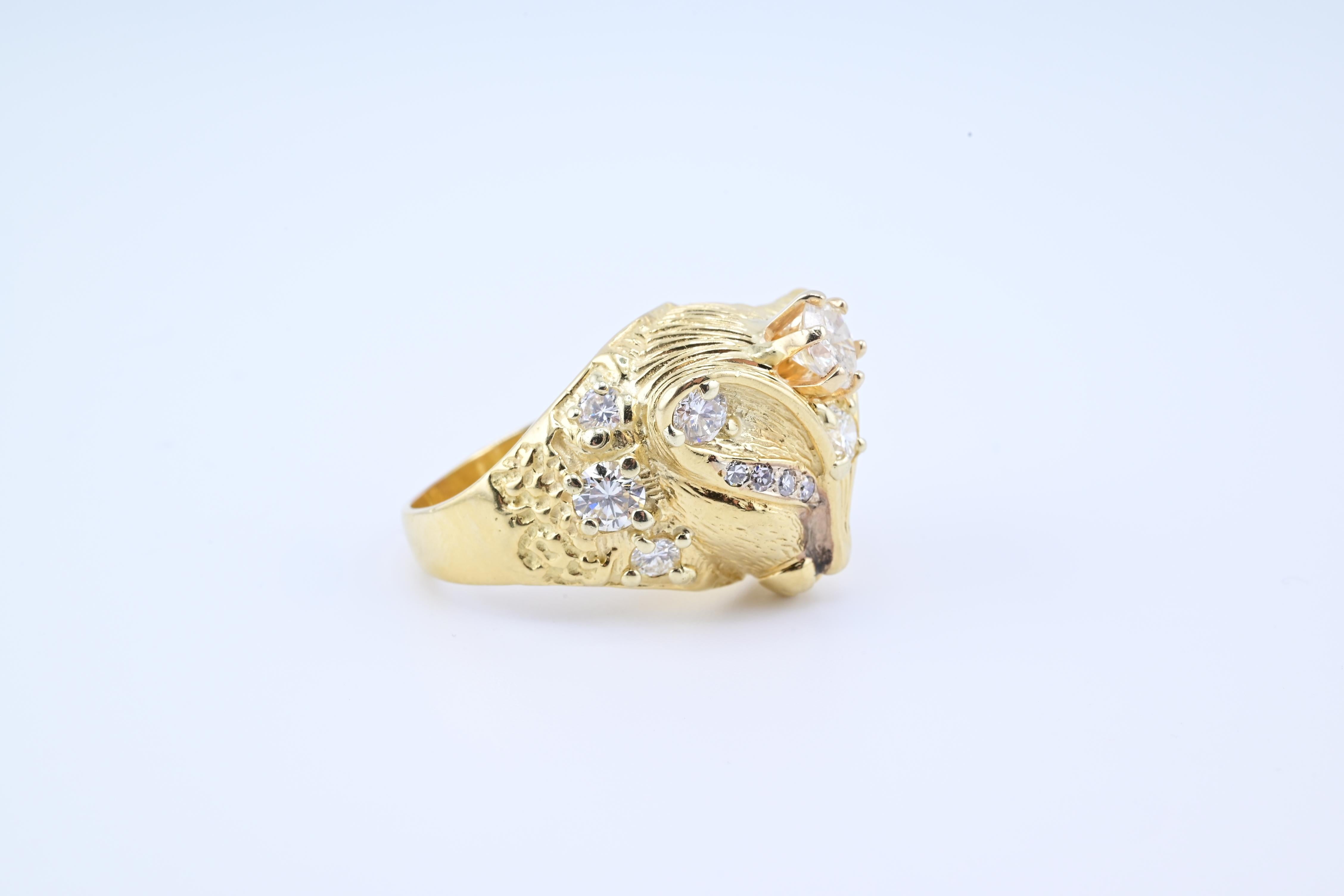 Exceptional Fine 14K Yellow Gold Fox Ring With Natural Diamonds 14.08 Grams 2