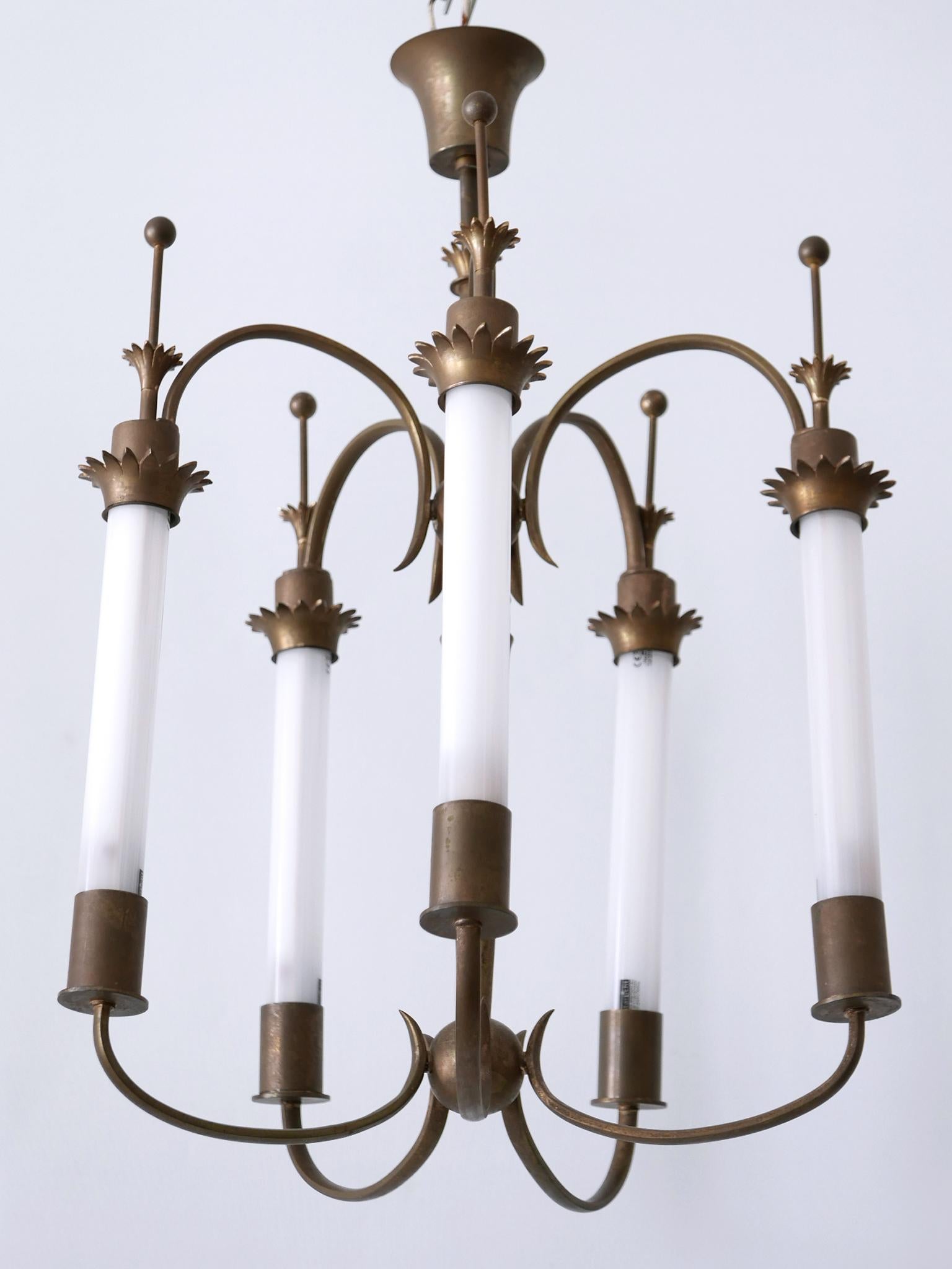 Brass Exceptional Five-Flamed Art Deco Chandelier or Ceiling Lamp Germany 1930s For Sale