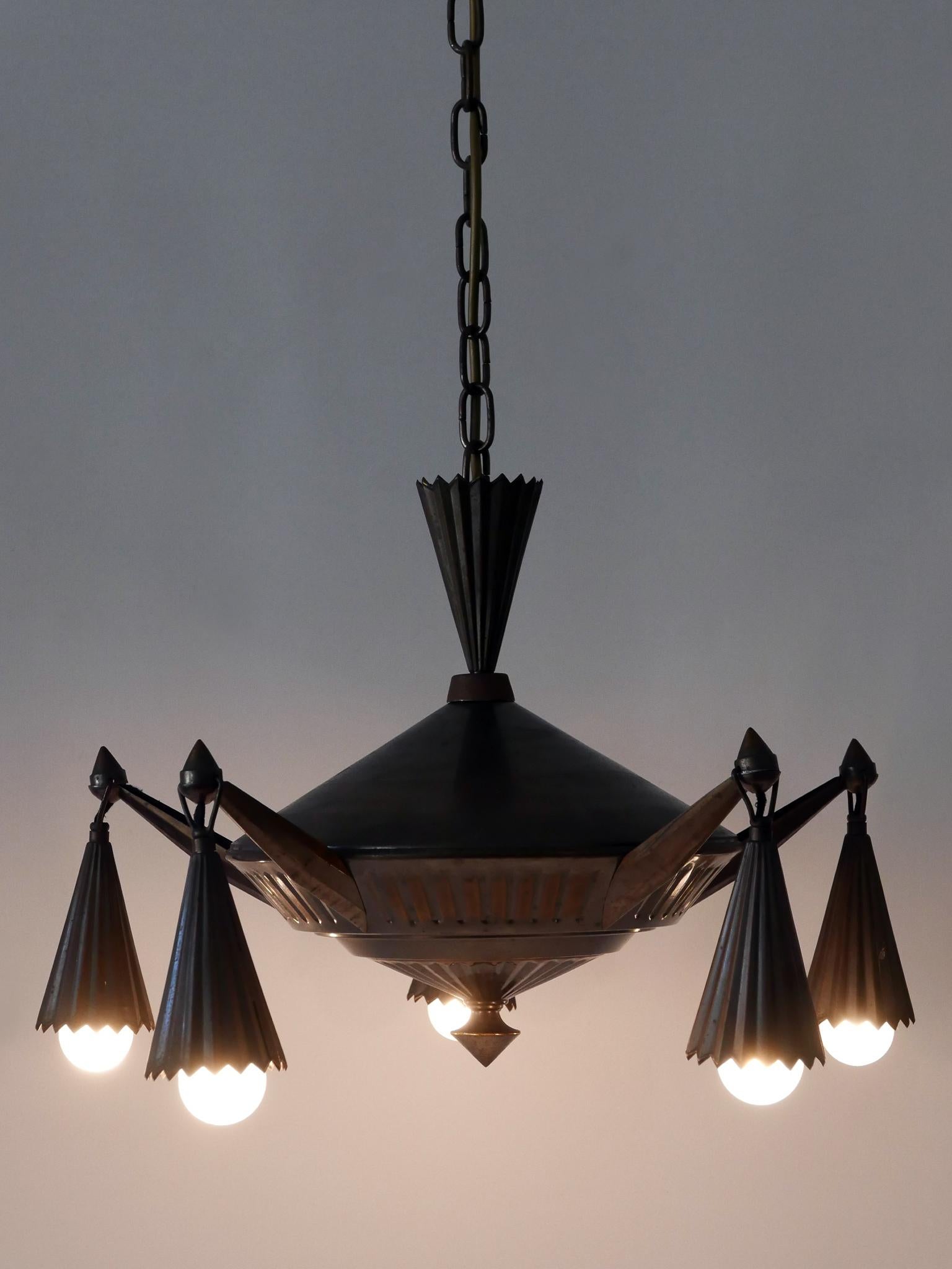 Exceptional Five Flamed Art Deco Cubist Brass Chandelier or Pendant Lamp 1920s 5