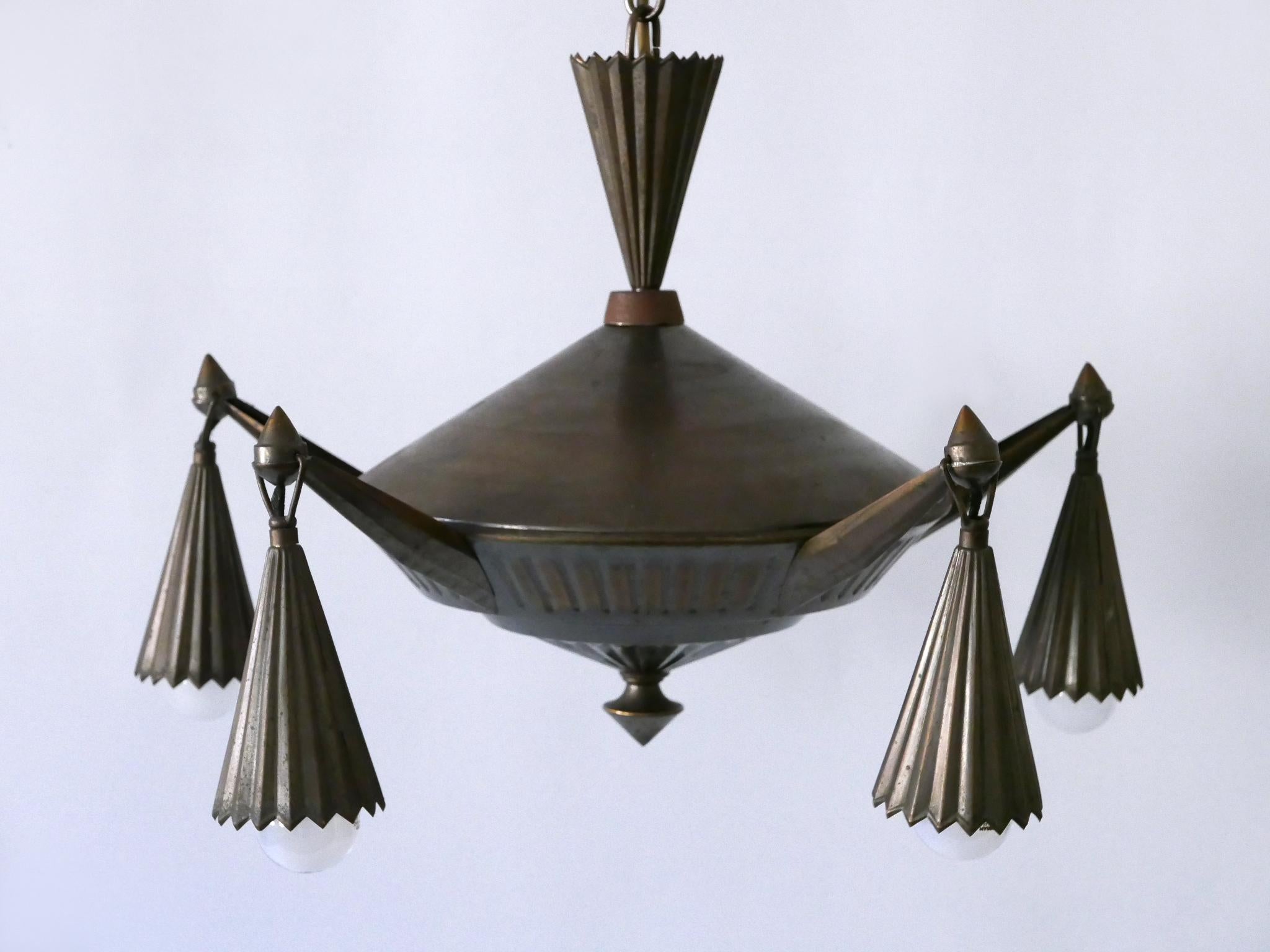 Exceptional Five Flamed Art Deco Cubist Brass Chandelier or Pendant Lamp 1920s 6