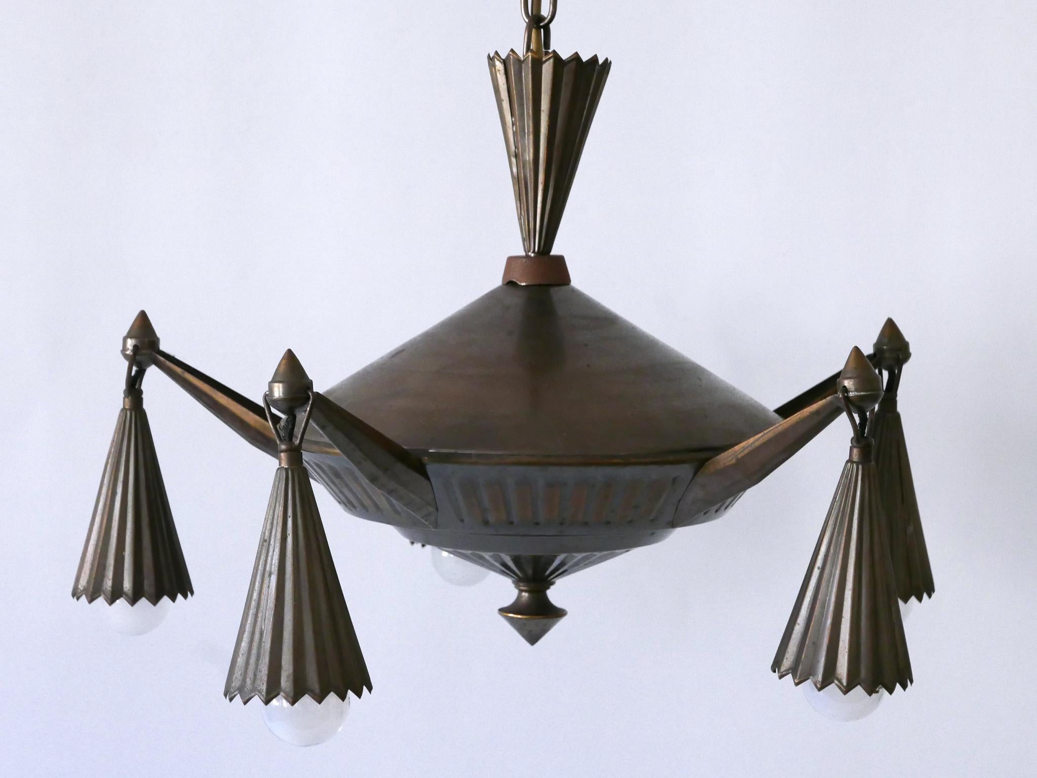 Exceptional Five Flamed Art Deco Cubist Brass Chandelier or Pendant Lamp 1920s 7
