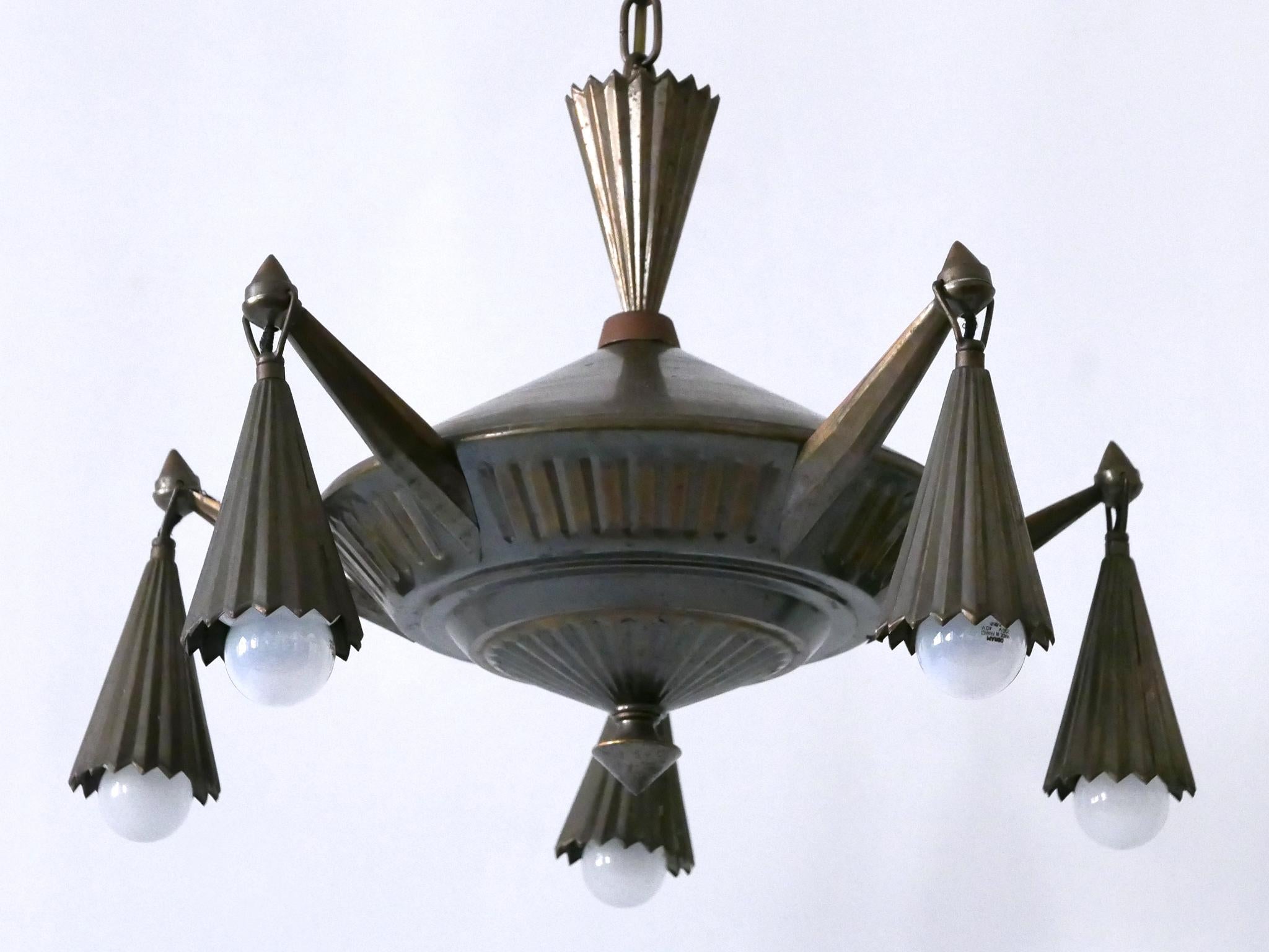 Exceptional Five Flamed Art Deco Cubist Brass Chandelier or Pendant Lamp 1920s 8