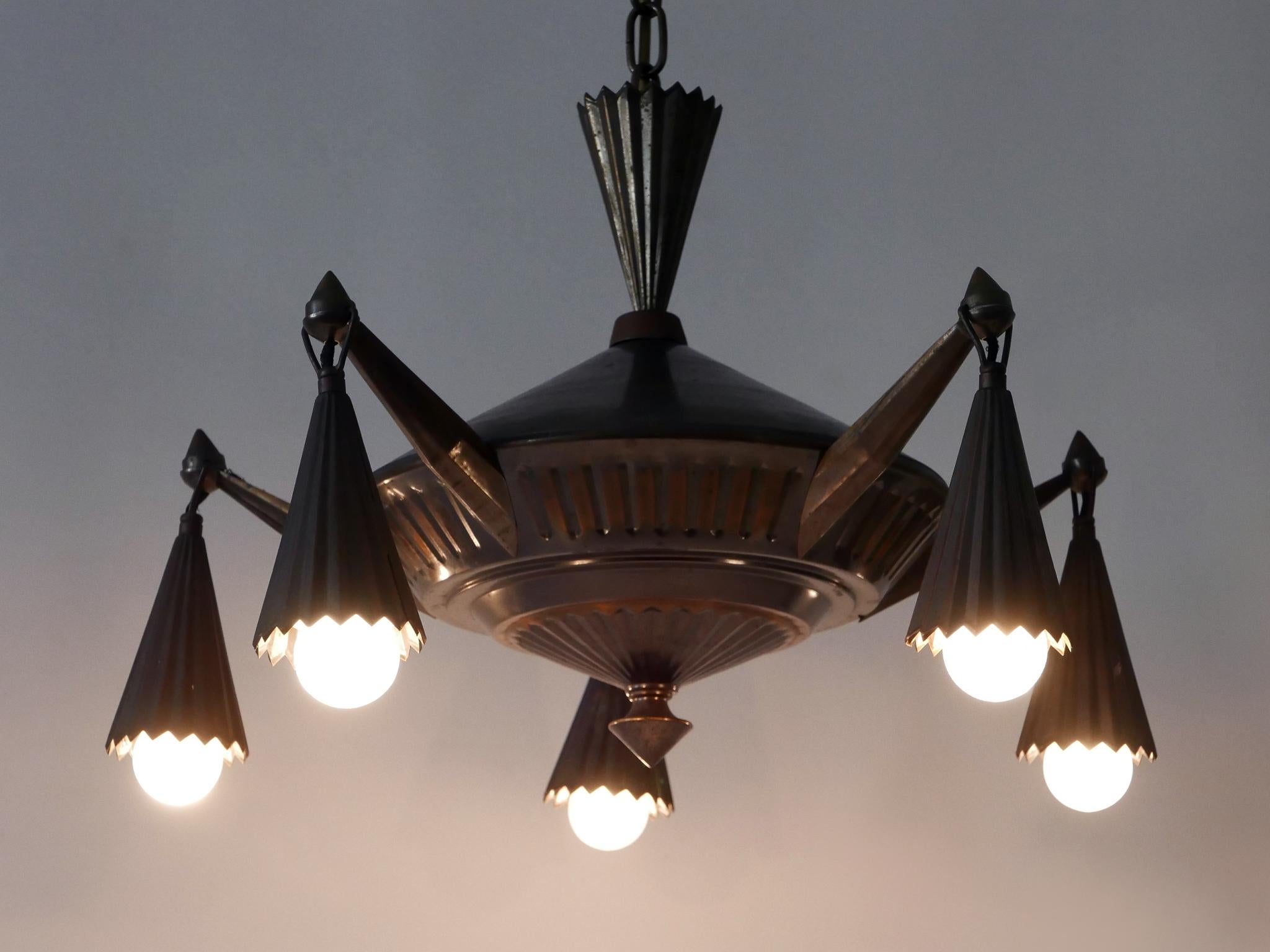Exceptional Five Flamed Art Deco Cubist Brass Chandelier or Pendant Lamp 1920s 9