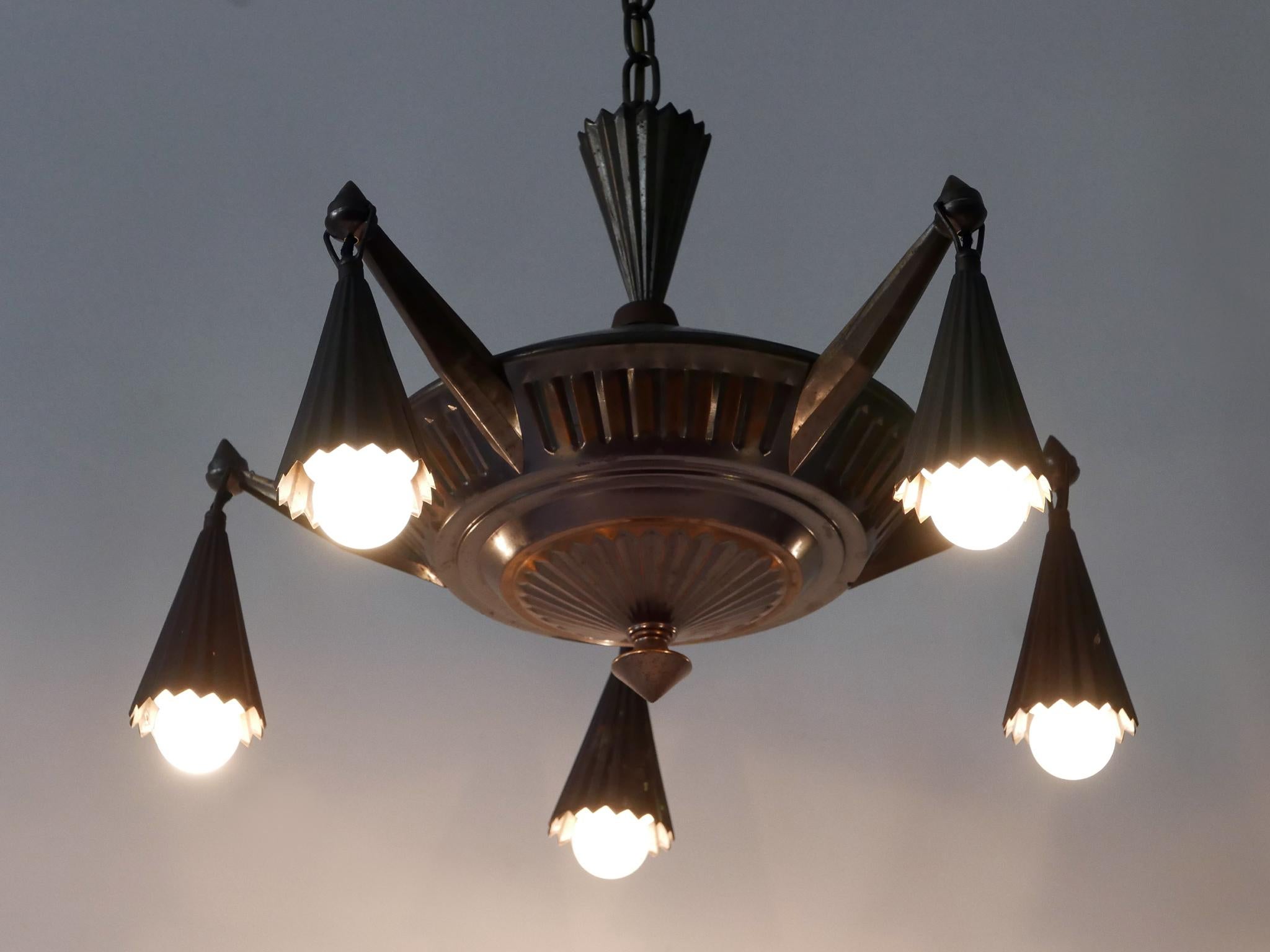 Exceptional Five Flamed Art Deco Cubist Brass Chandelier or Pendant Lamp 1920s 10