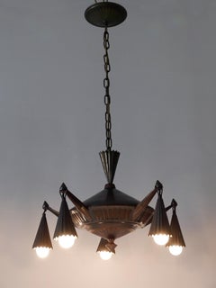 Exceptional Five Flamed Art Deco Cubist Brass Chandelier or Pendant Lamp 1920s