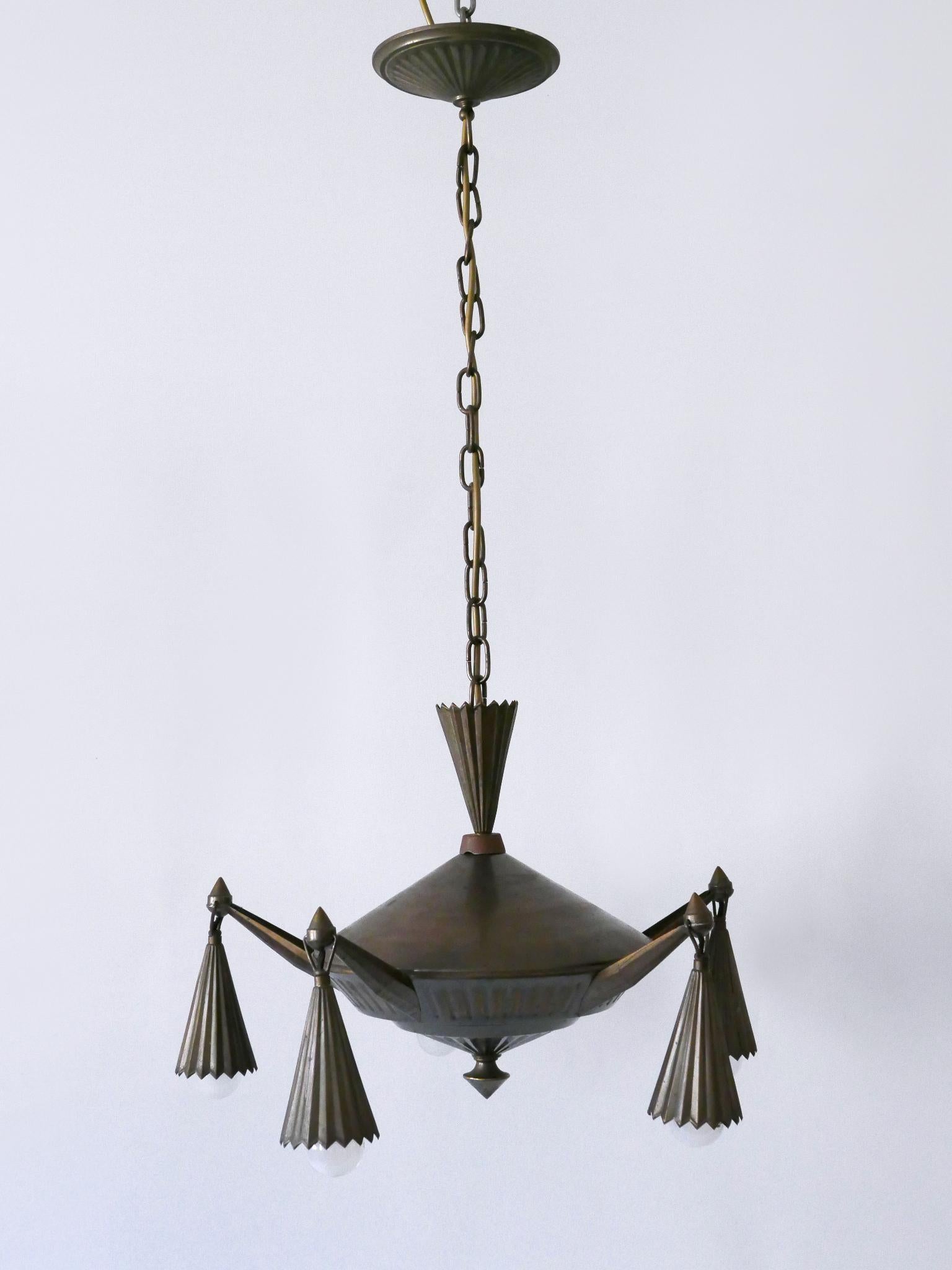 German Exceptional Five Flamed Art Deco Cubist Brass Chandelier or Pendant Lamp 1920s