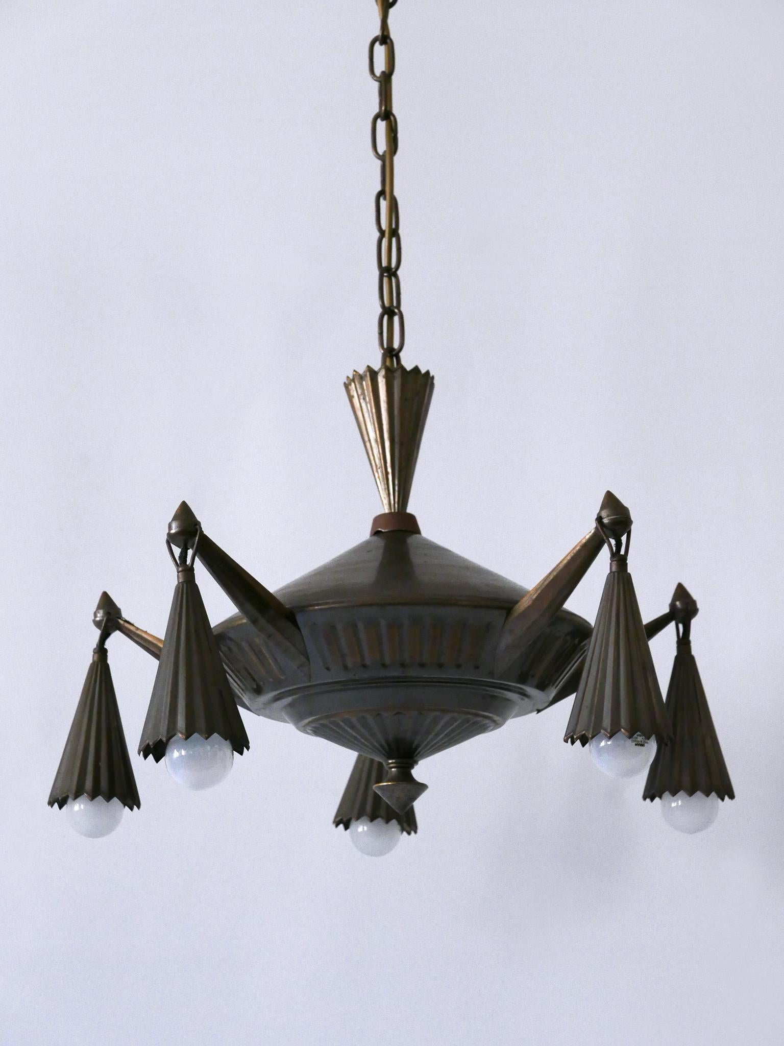 Early 20th Century Exceptional Five Flamed Art Deco Cubist Brass Chandelier or Pendant Lamp 1920s