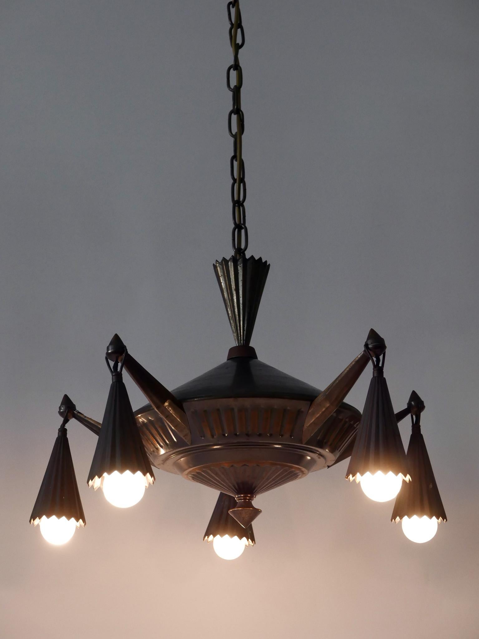 Exceptional Five Flamed Art Deco Cubist Brass Chandelier or Pendant Lamp 1920s 1