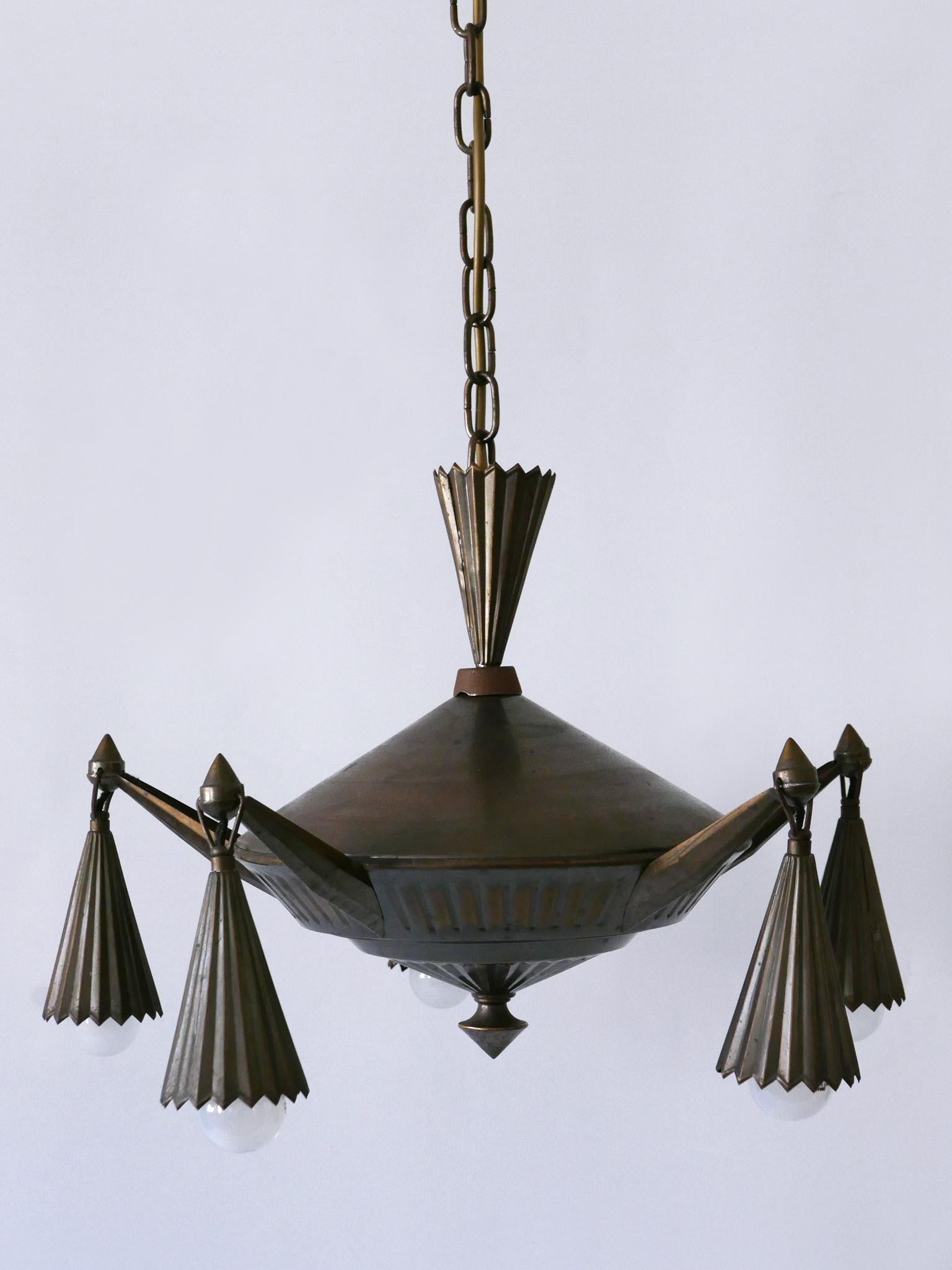 Exceptional Five Flamed Art Deco Cubist Brass Chandelier or Pendant Lamp 1920s 2