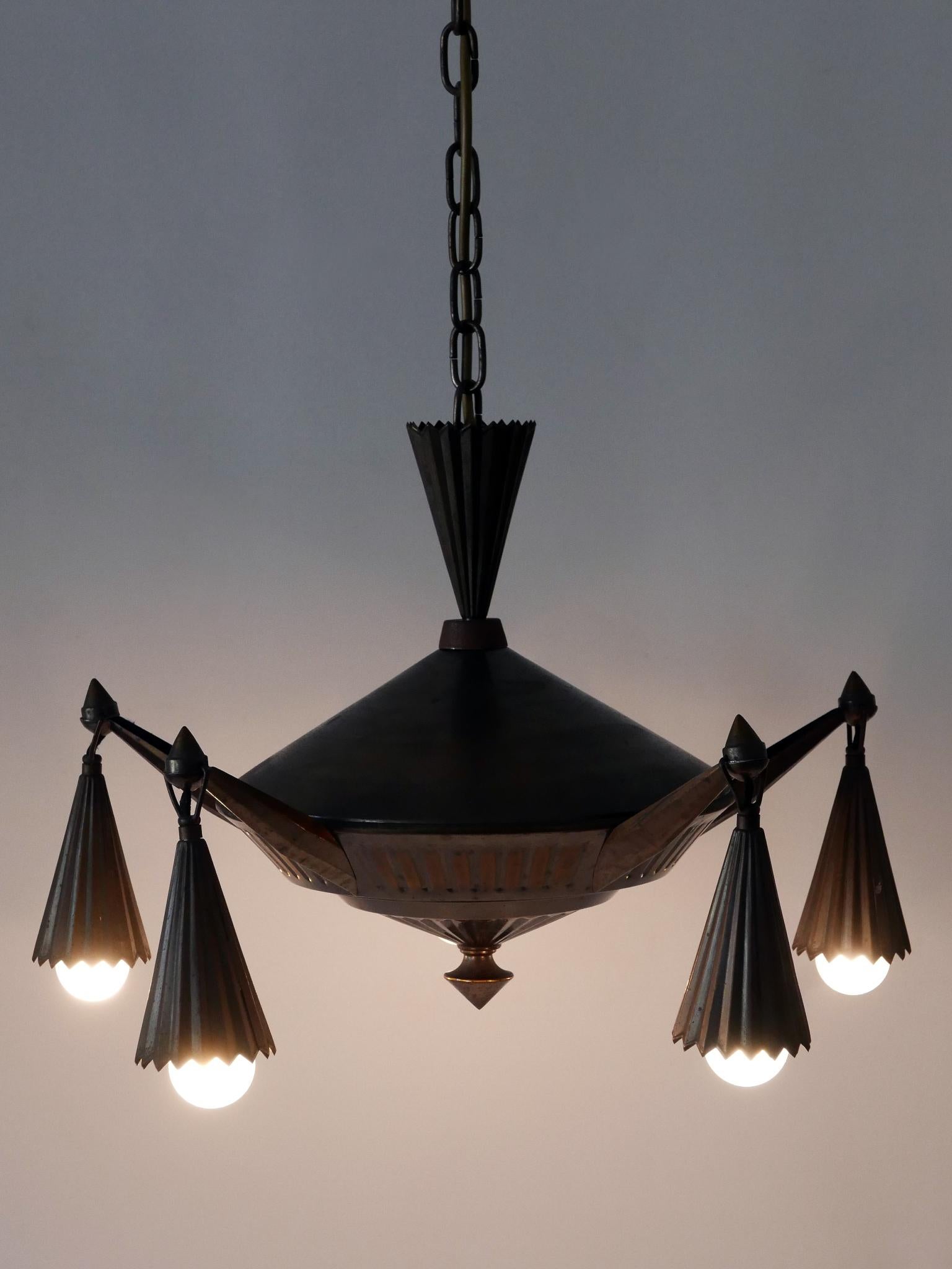 Exceptional Five Flamed Art Deco Cubist Brass Chandelier or Pendant Lamp 1920s 3