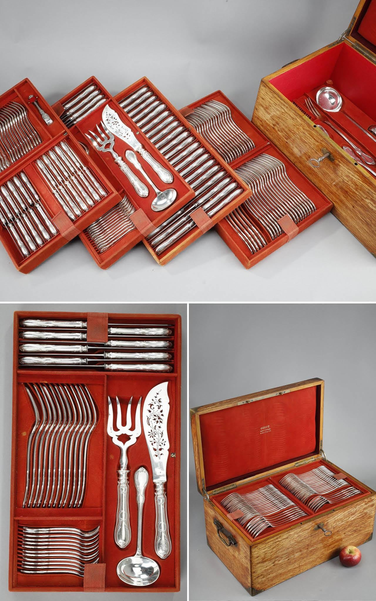 Flatware in solid silver from the house of Odiot, goldsmith founded under Louis XV. The canteen is housed in an oak box from the Odiot house, topped by a brass plate engraved with the leafy monogram 