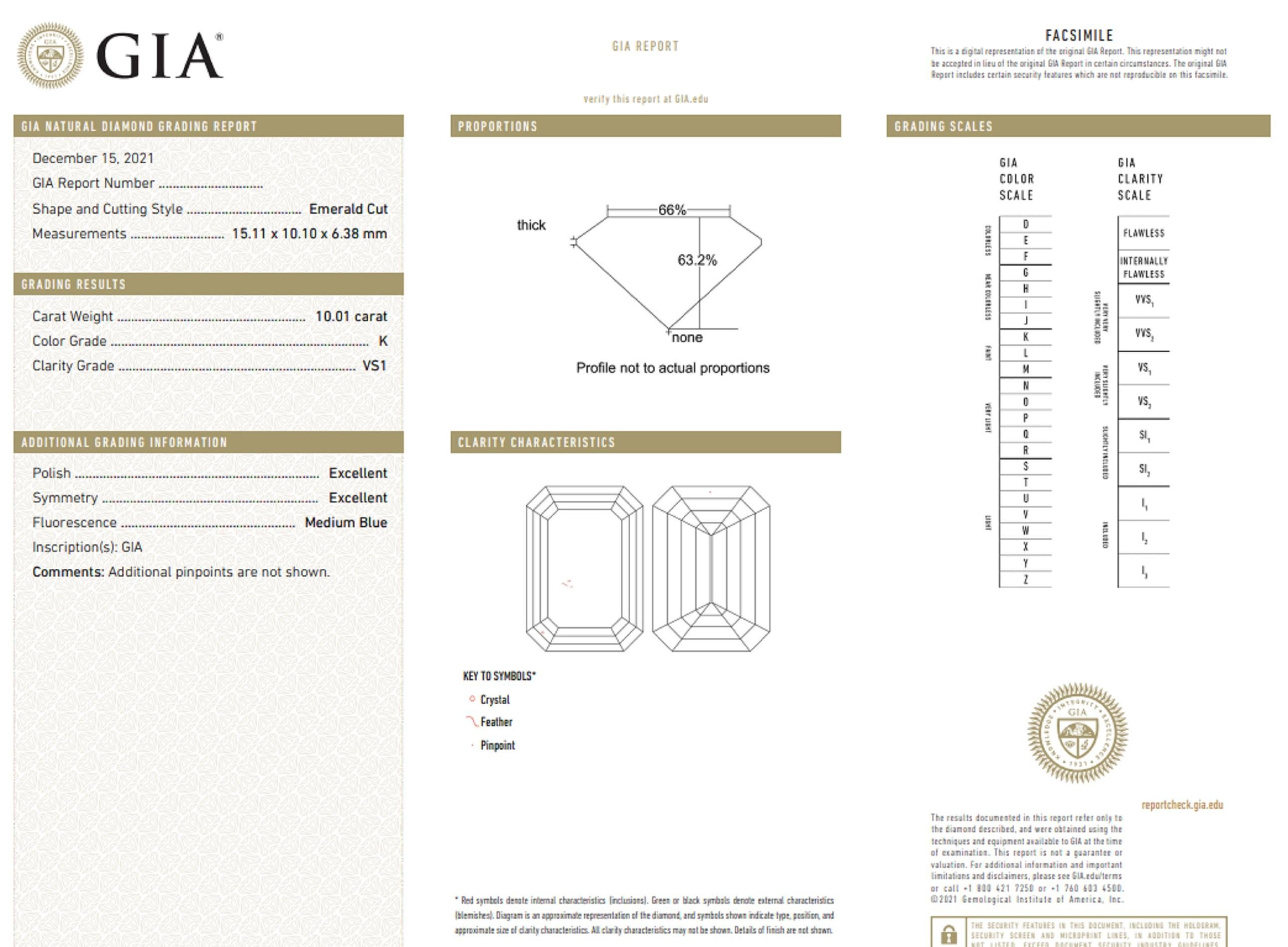 Moderne Bague en diamants taille émeraude de 10 carats certifiés GIA en vente