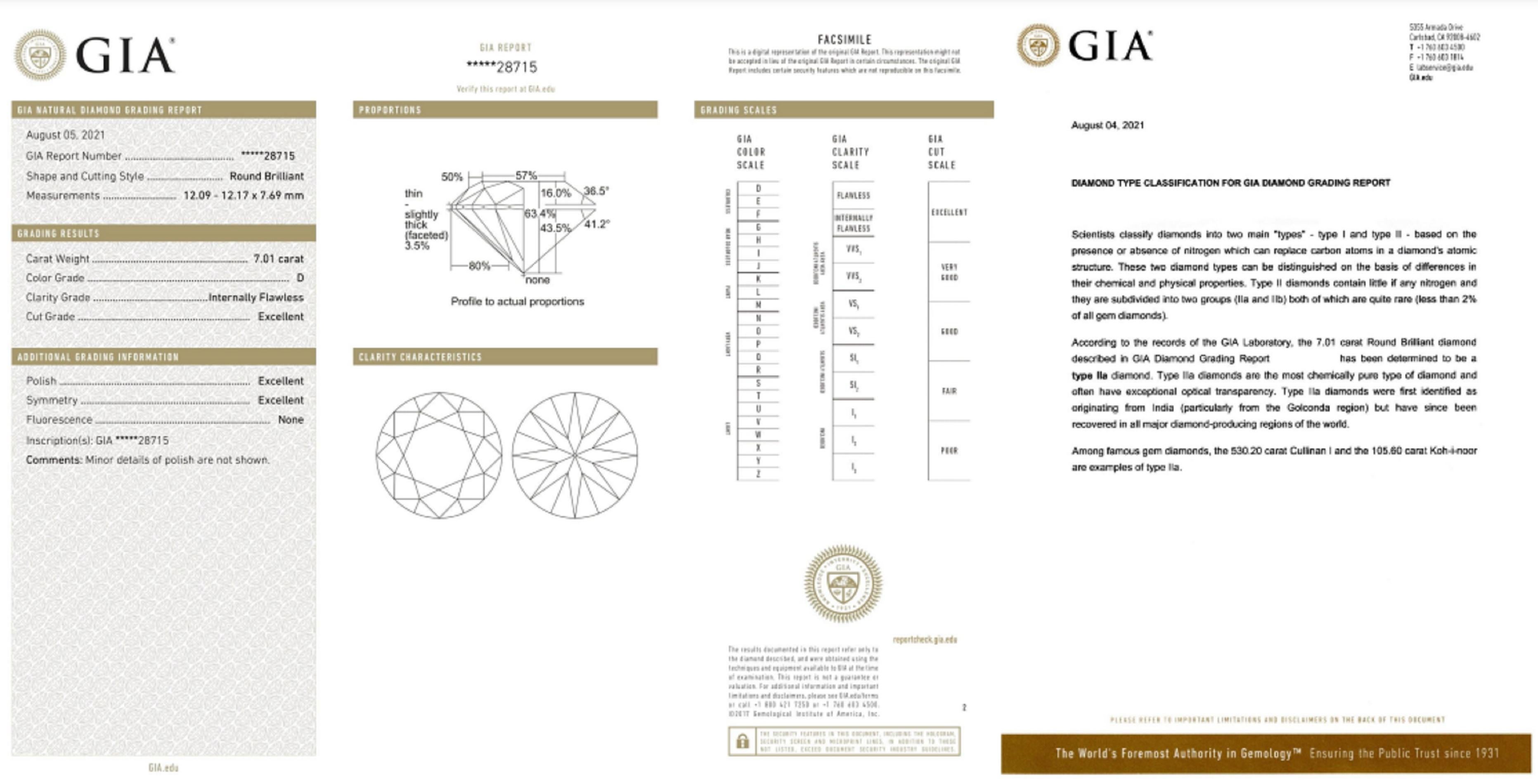 Außergewöhnlicher makelloser Typ IIA GIA zertifizierter 7 Karat runder Diamantring (Moderne)