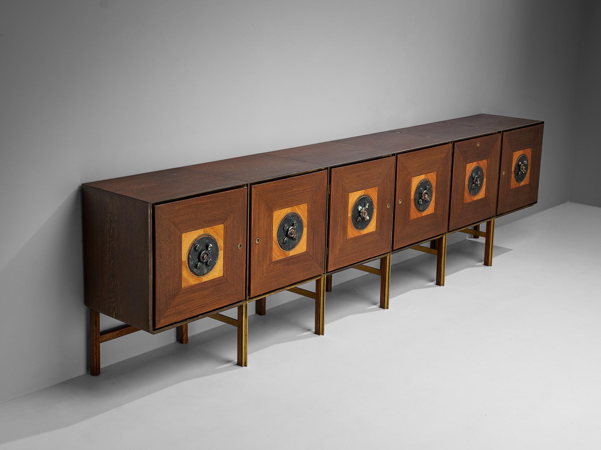 Sideboard, wenge, mahogany, brass, melamine, ceramic, Belgium, 1970s. 

This unique custom made sideboard is constructed in the finest manner. The elongated wooden corpus is executed in wenge wood, a natural Material that has an incredibly, visual