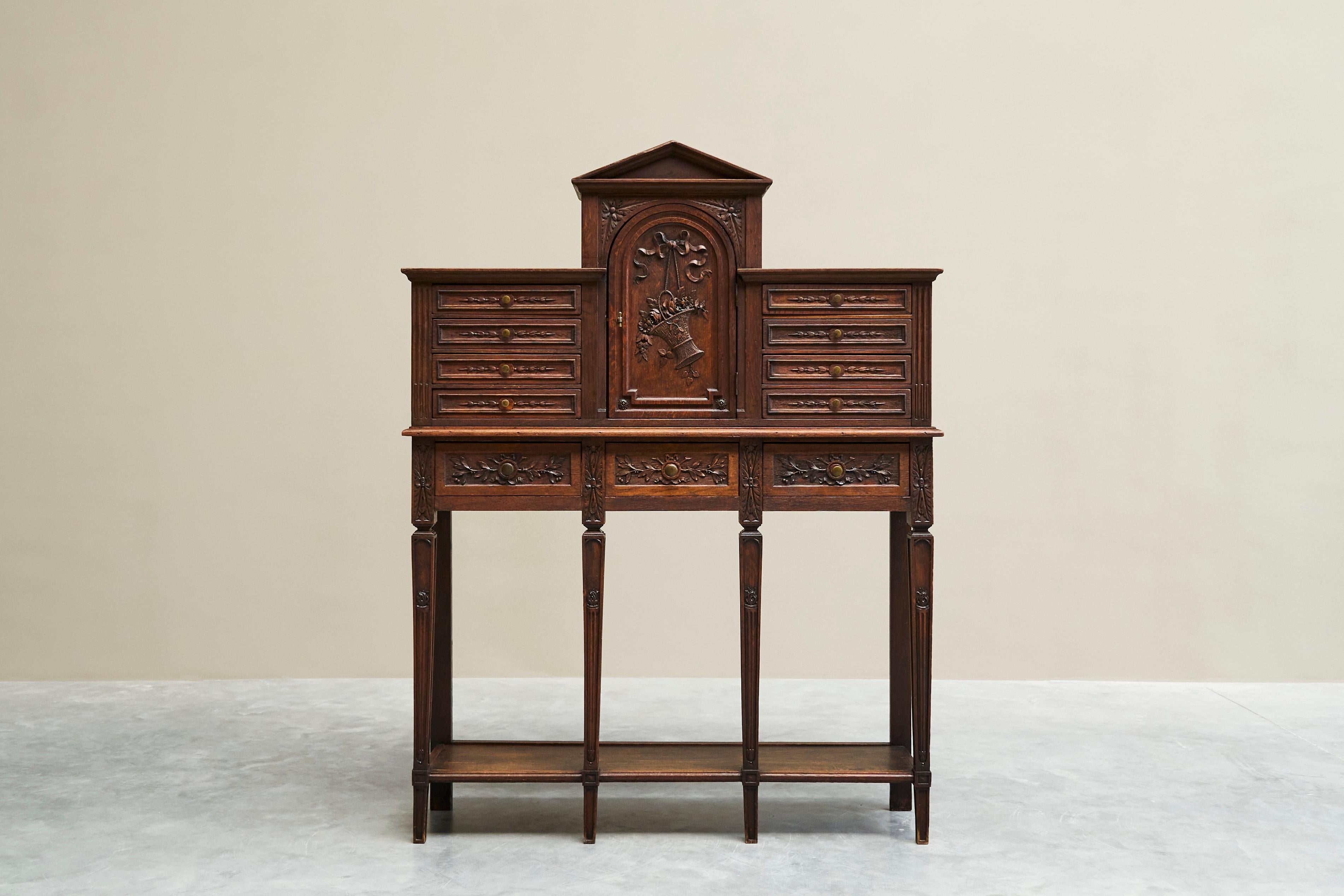 Belgian Exceptional Flemish Treasure Cabinet in Carved Oak Late 19th Century For Sale