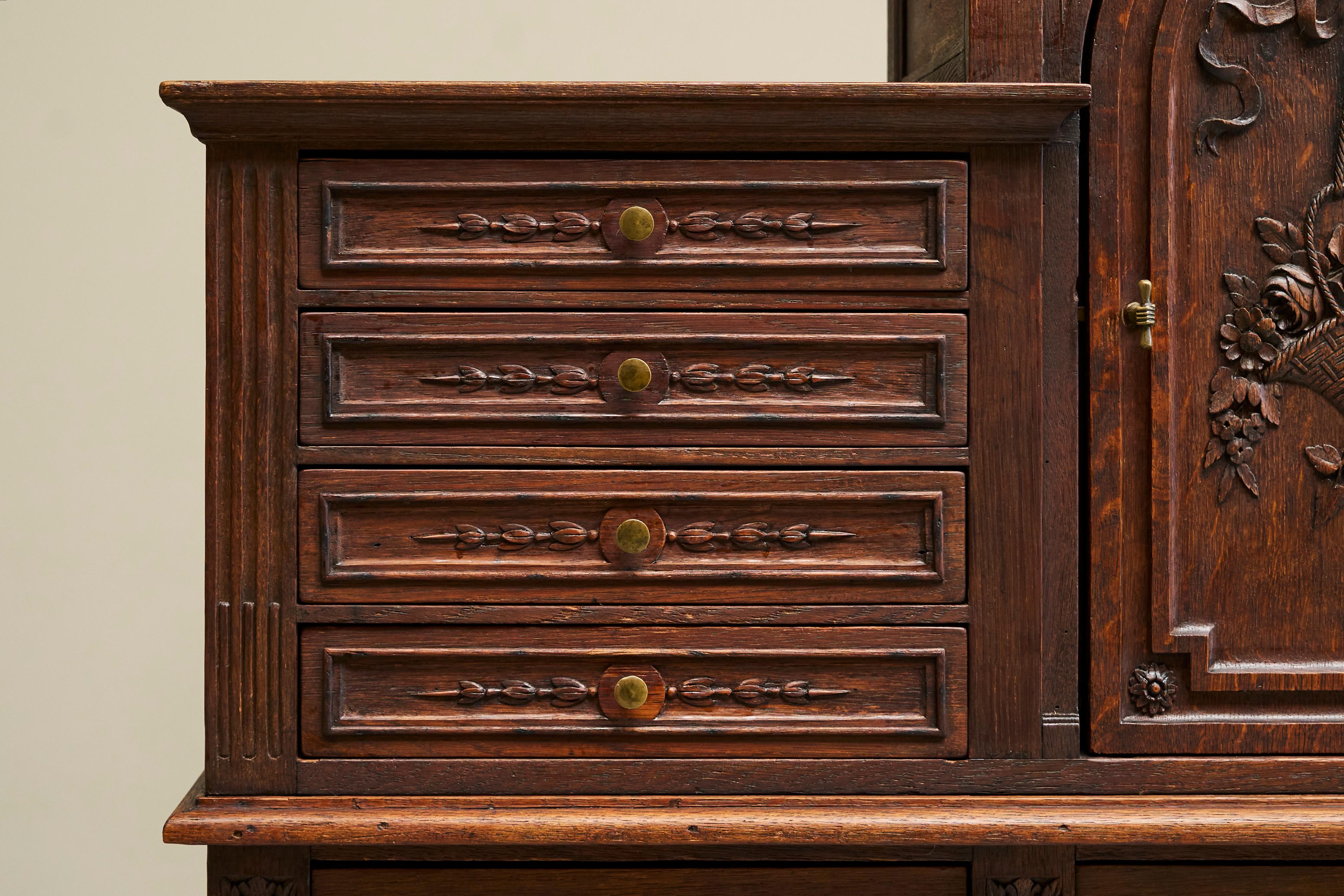 Hand-Carved Exceptional Flemish Treasure Cabinet in Carved Oak Late 19th Century For Sale