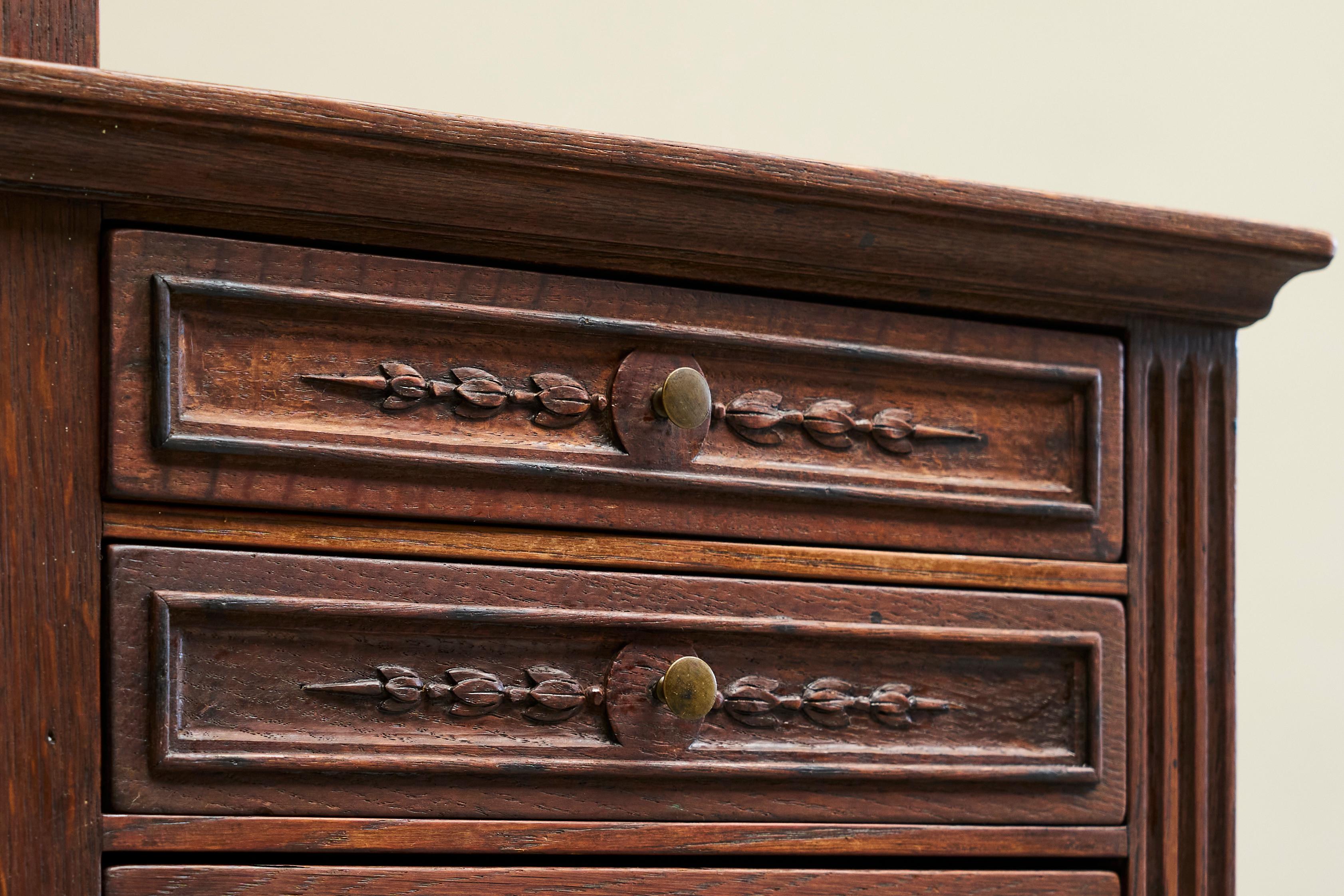 Brass Exceptional Flemish Treasure Cabinet in Carved Oak Late 19th Century For Sale