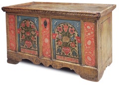Exceptional Floral Painted Blue and Red Blanket Chest, Alps 1776 - Original