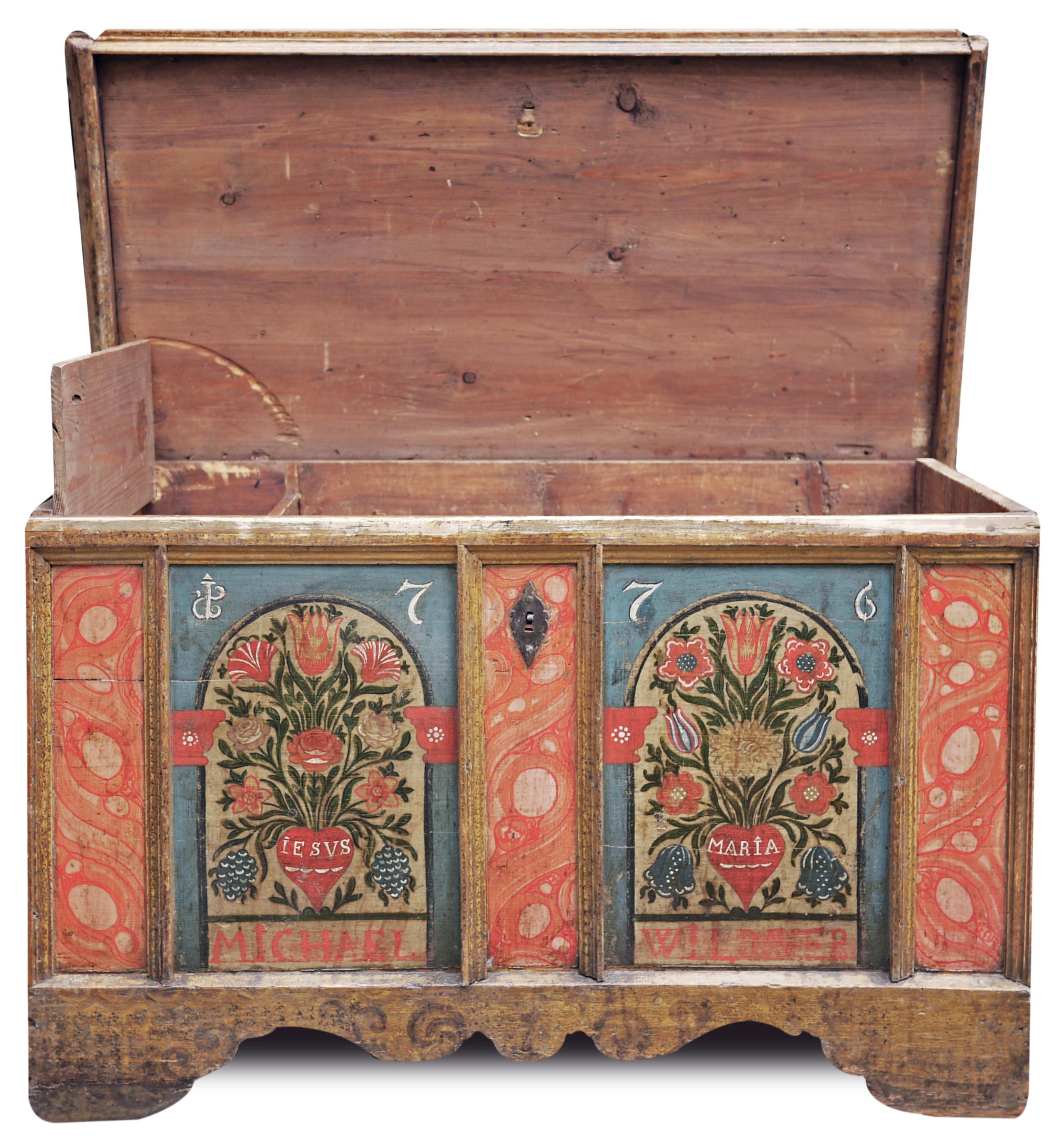 Folk Art Exceptional Floral Painted Blue and Red Blanket Chest, Alps 1776 - Original