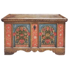 Exceptional Floral Painted Blue and Red Blanket Chest, Alps 1776 - Original