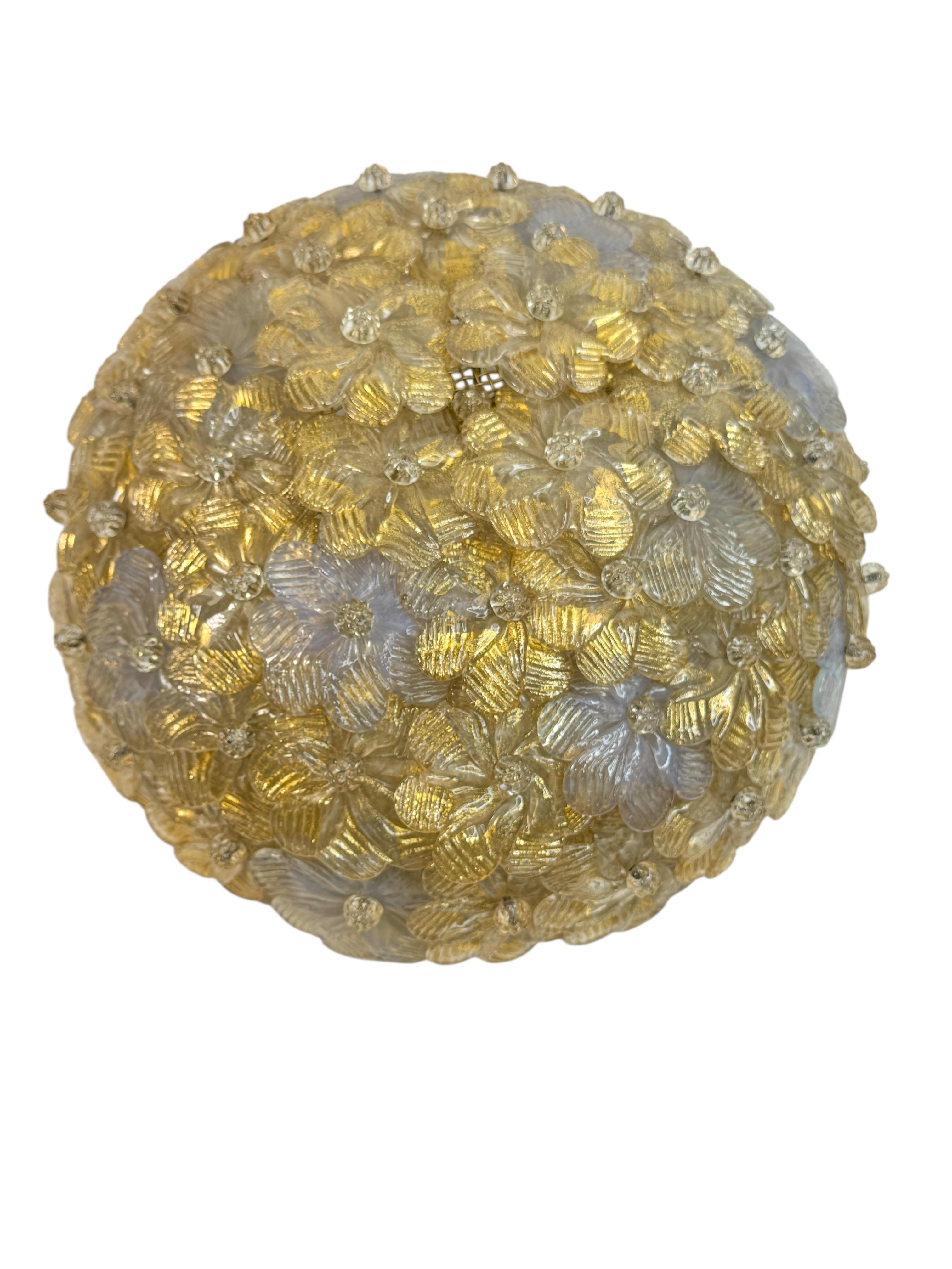 Italian Hand-Blown Crystal Flower Flush Mount Chandelier, Gold Leaf and milky shimmer Glass, 1950s

A beautiful Italian hand-blown glass flush mount chandelier, featuring a stunning arrangement of overlapping crystal glass flowers with 24-carat gold