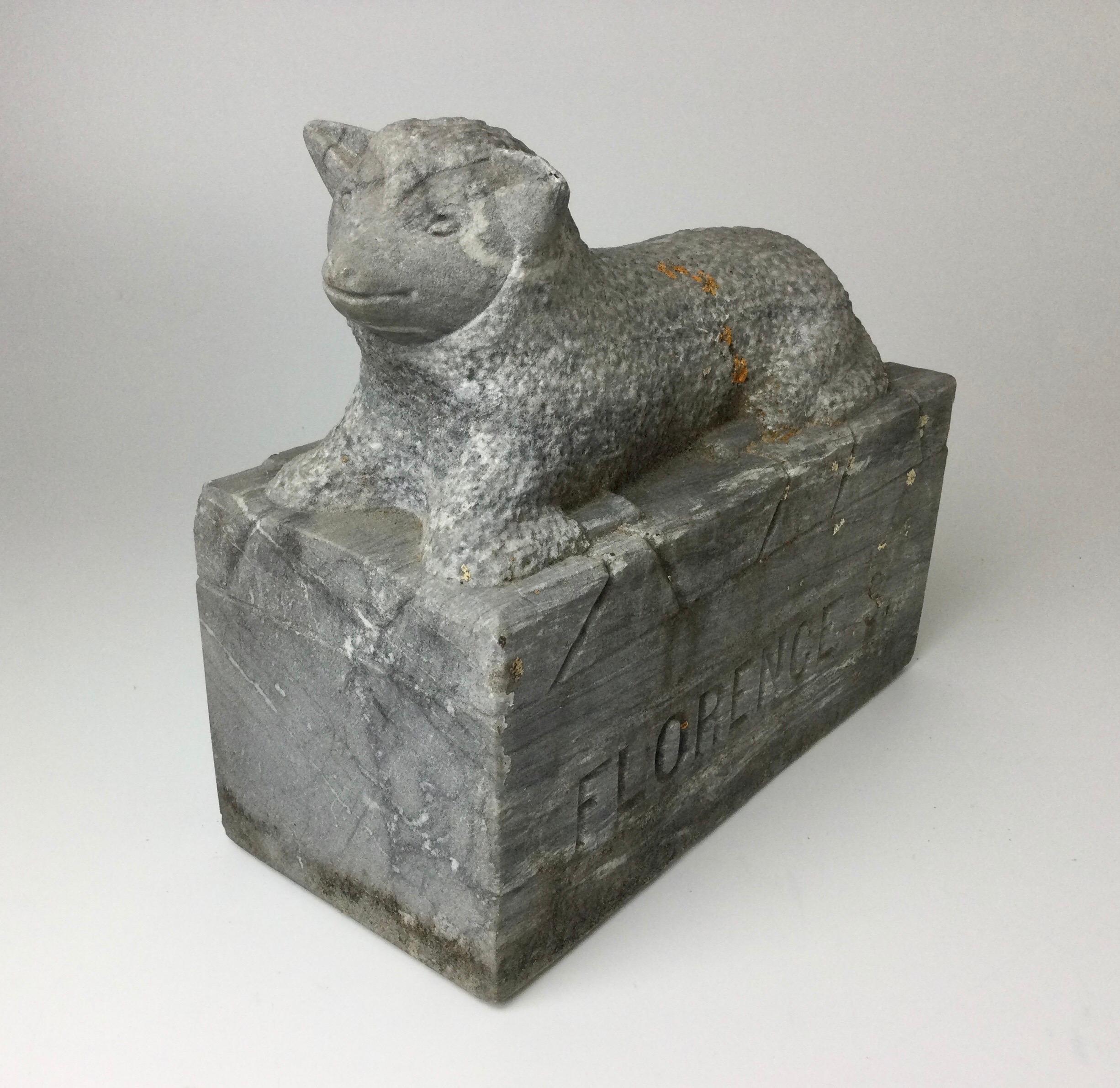Exceptional Folk Art marble lamb marked Florence S. 19th century good size and quality. Measures: 11 1/2' wide by 5 1/2