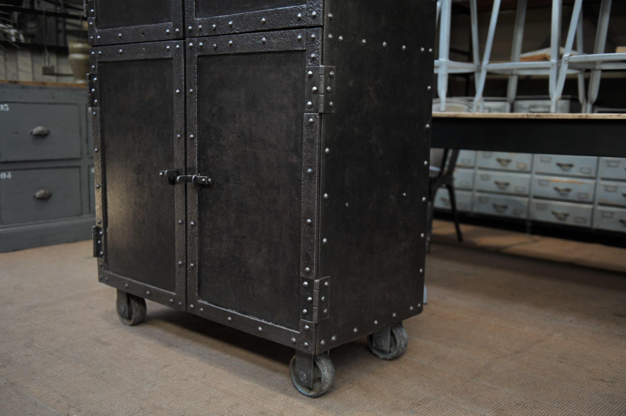 Exceptional Four-Doors Industrial Riveted Iron Cabinet on Wheels, circa 1900 1