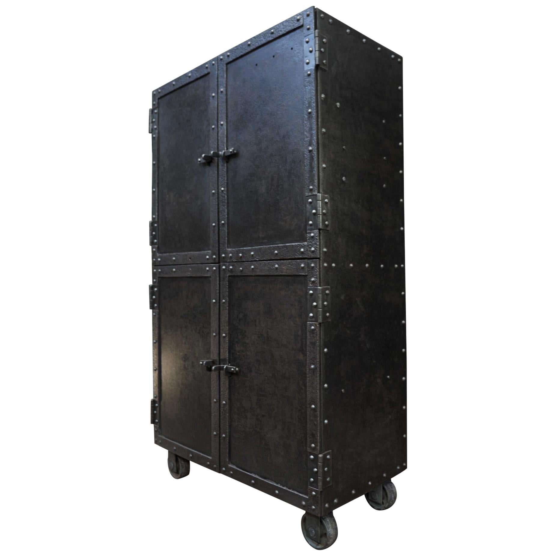 Exceptional Four-Doors Industrial Riveted Iron Cabinet on Wheels, circa 1900