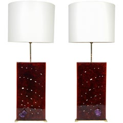 Exceptional Fractale Resin, Ivory and Amethyst Pair of Lamps