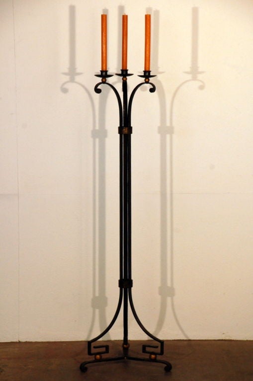 Exceptional French 1940s wrought iron candelabra in the style of Gilbert Poillerat. Can be used as is or turned into a chic floor lamp.