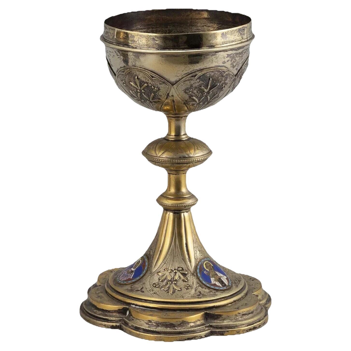 Excepcional copa de cáliz del copón francesa de plata 950 dorada y esmaltada firmada