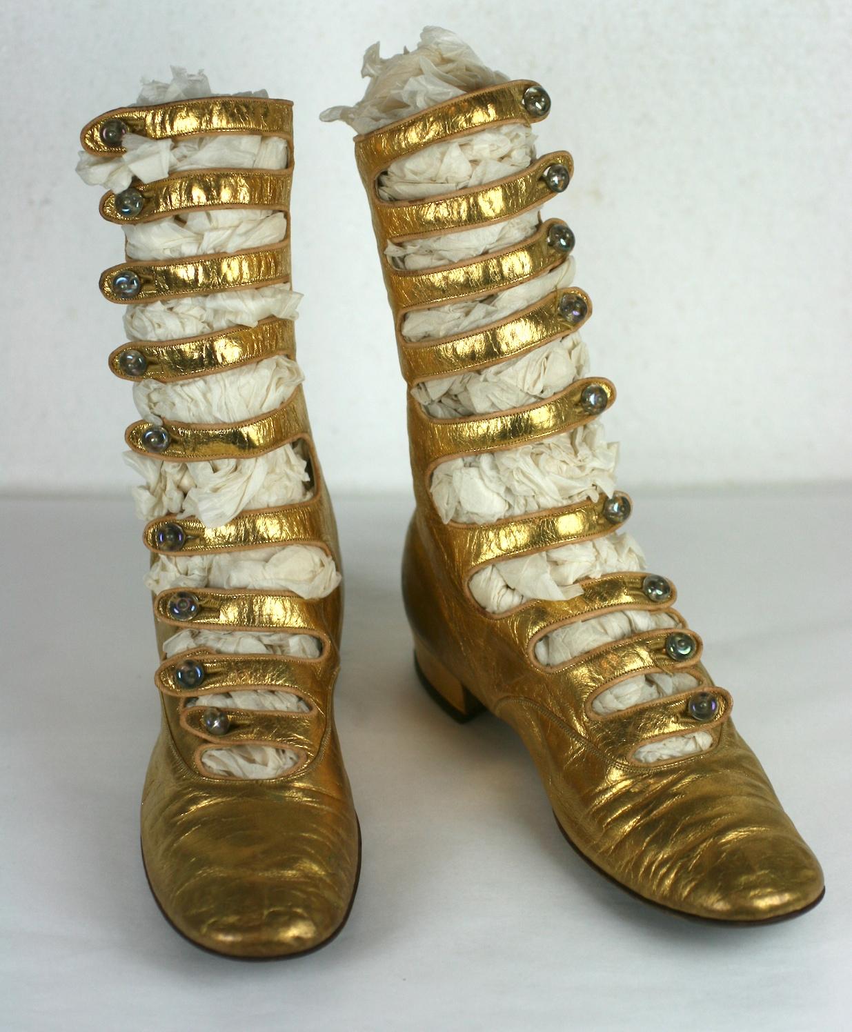 Brown Exceptional French Art Deco Gold Kid Boots   For Sale