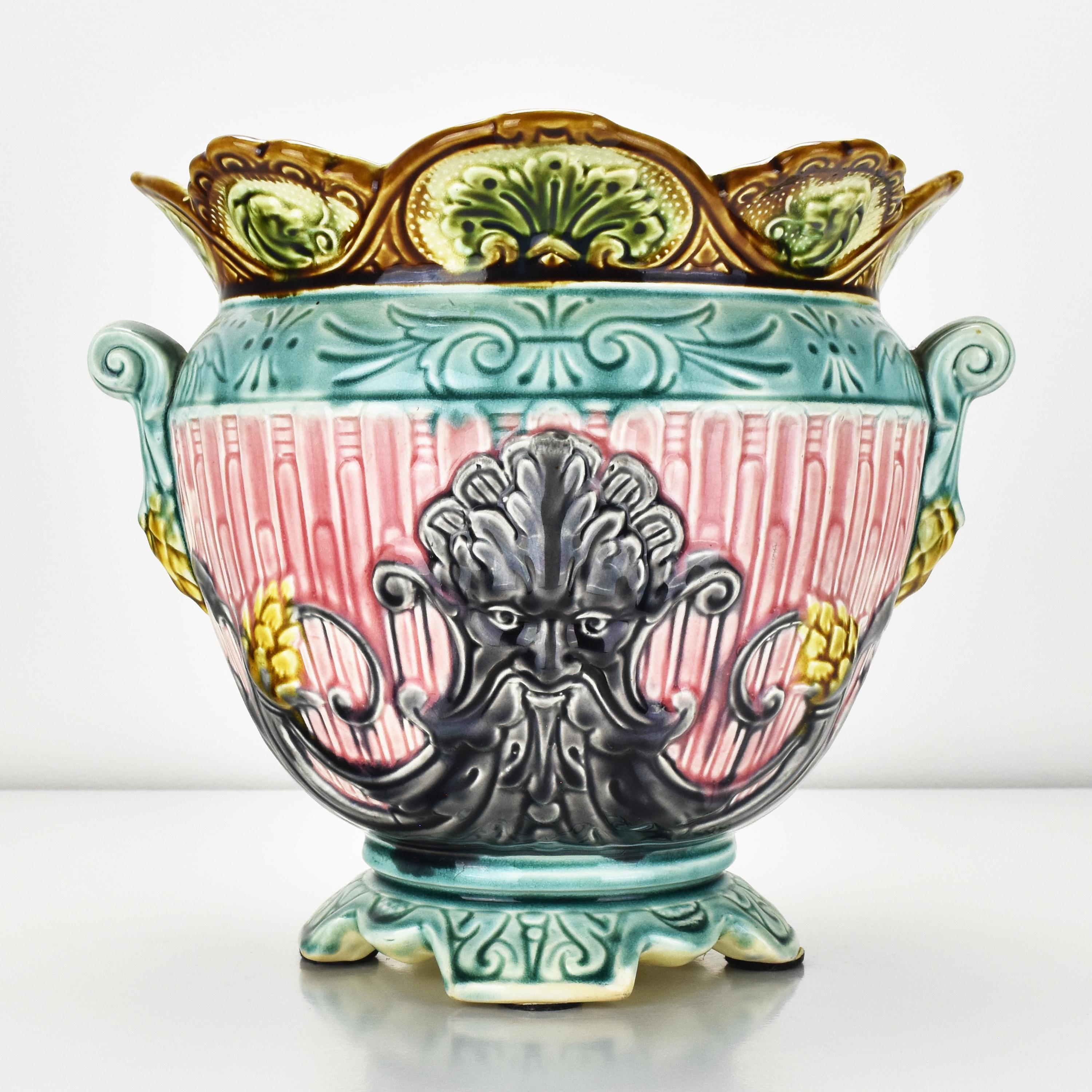 Glazed Exceptional French Art Nouveau Barbotine Majolica Planter Jardiniere Green Man For Sale
