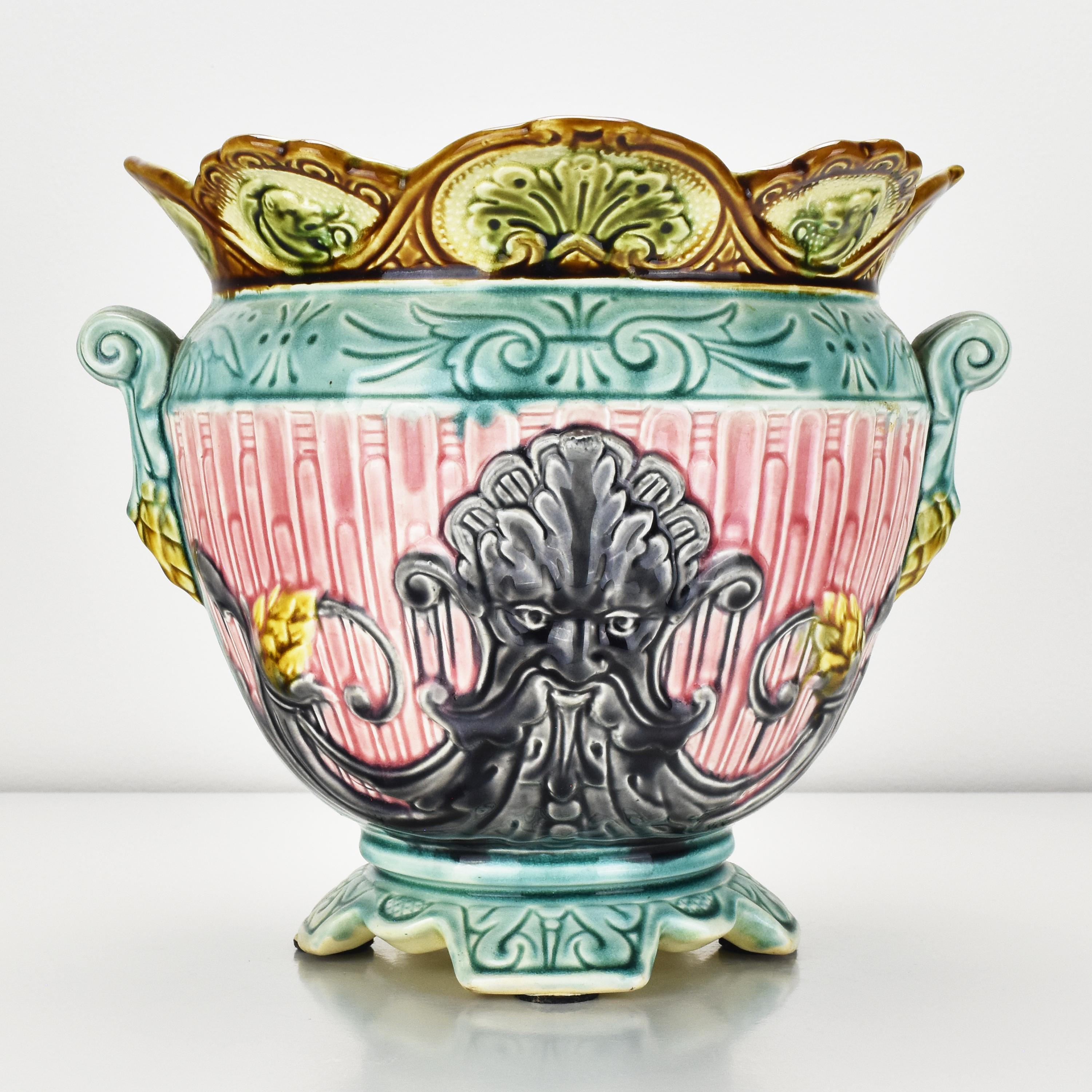 Early 20th Century Exceptional French Art Nouveau Barbotine Majolica Planter Jardiniere Green Man For Sale