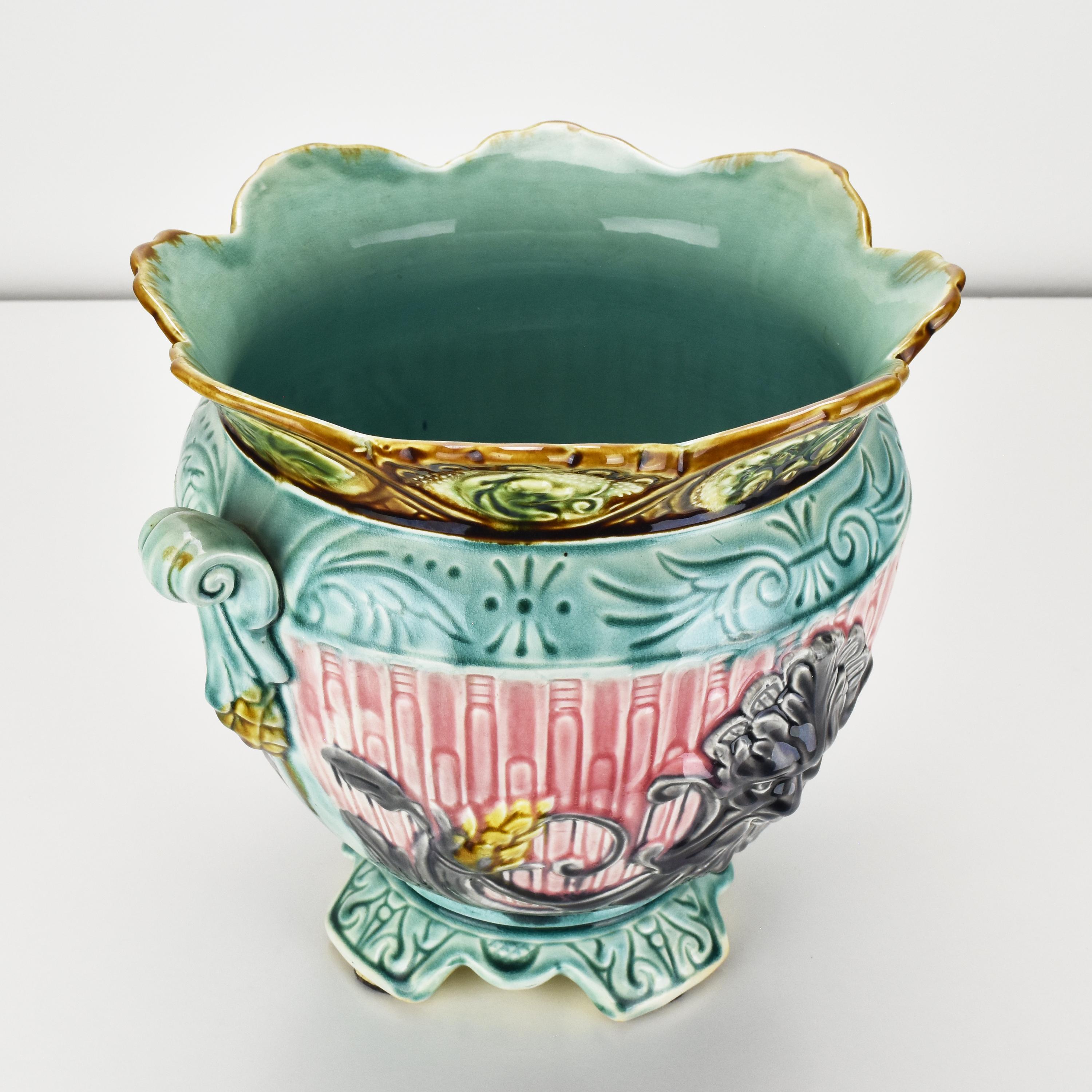 Exceptional French Art Nouveau Barbotine Majolica Planter Jardiniere Green Man For Sale 1
