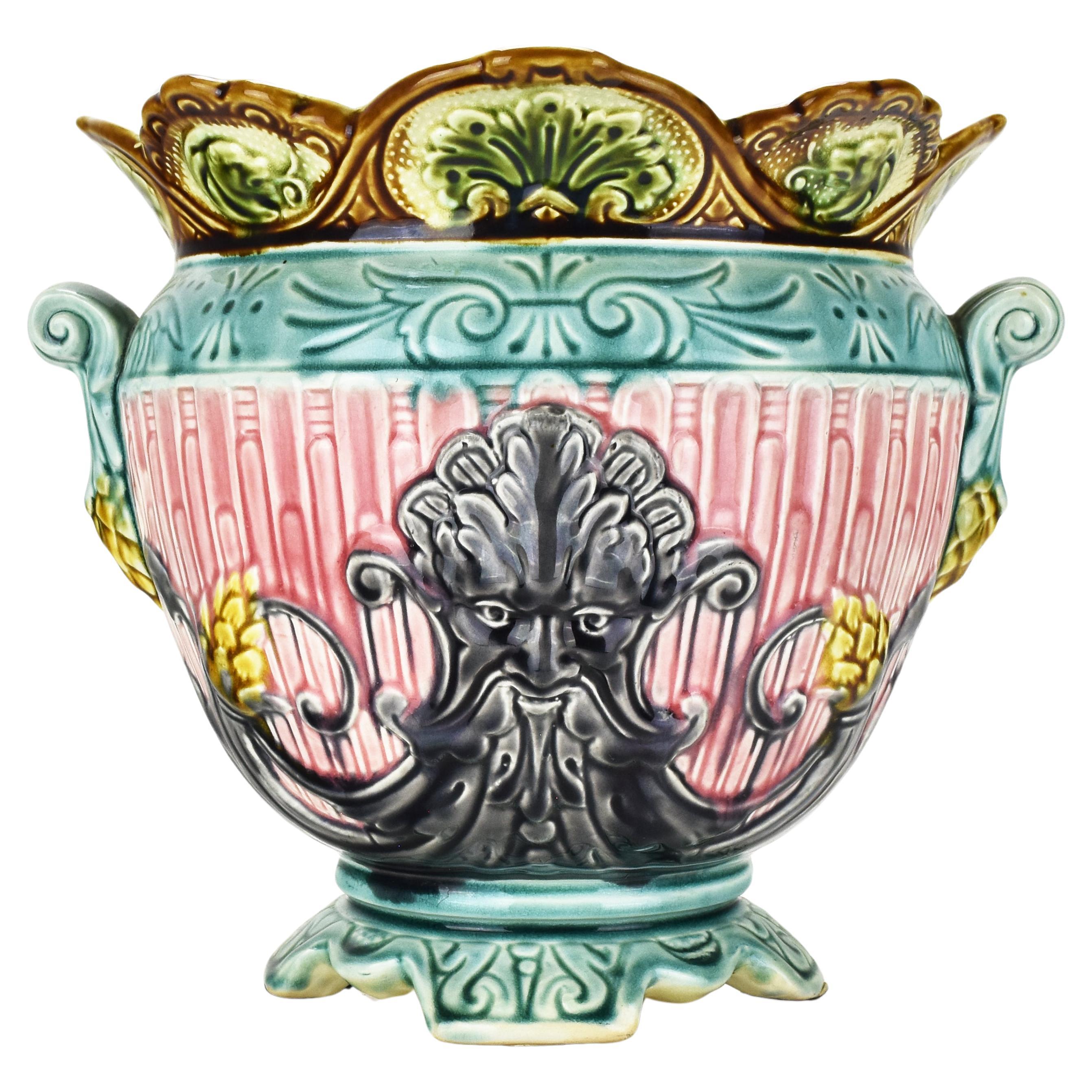 Exceptional French Art Nouveau Barbotine Majolica Planter Jardiniere Green Man For Sale