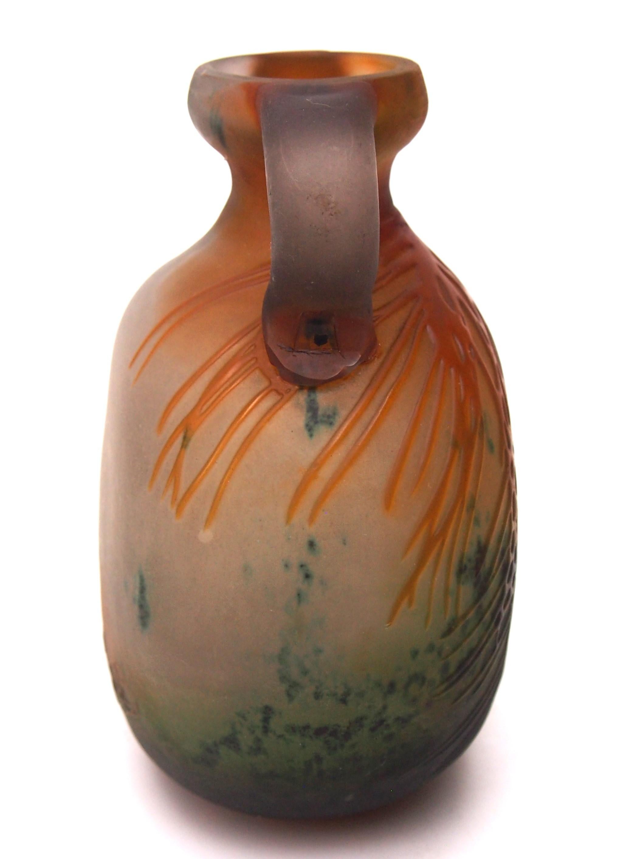 Early 20th Century Exceptional French Art Nouveau Marbled Emile Galle Cameo Glass Vase -Fircones  For Sale