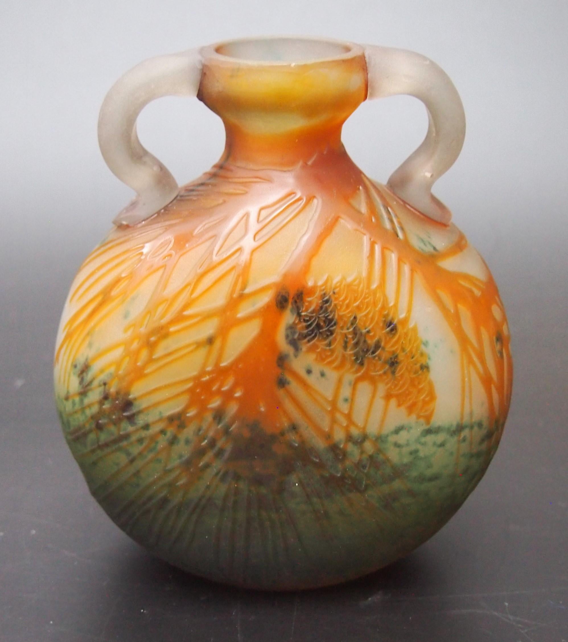 Exceptional French Art Nouveau Marbled Emile Galle Cameo Glass Vase -Fircones  For Sale 3