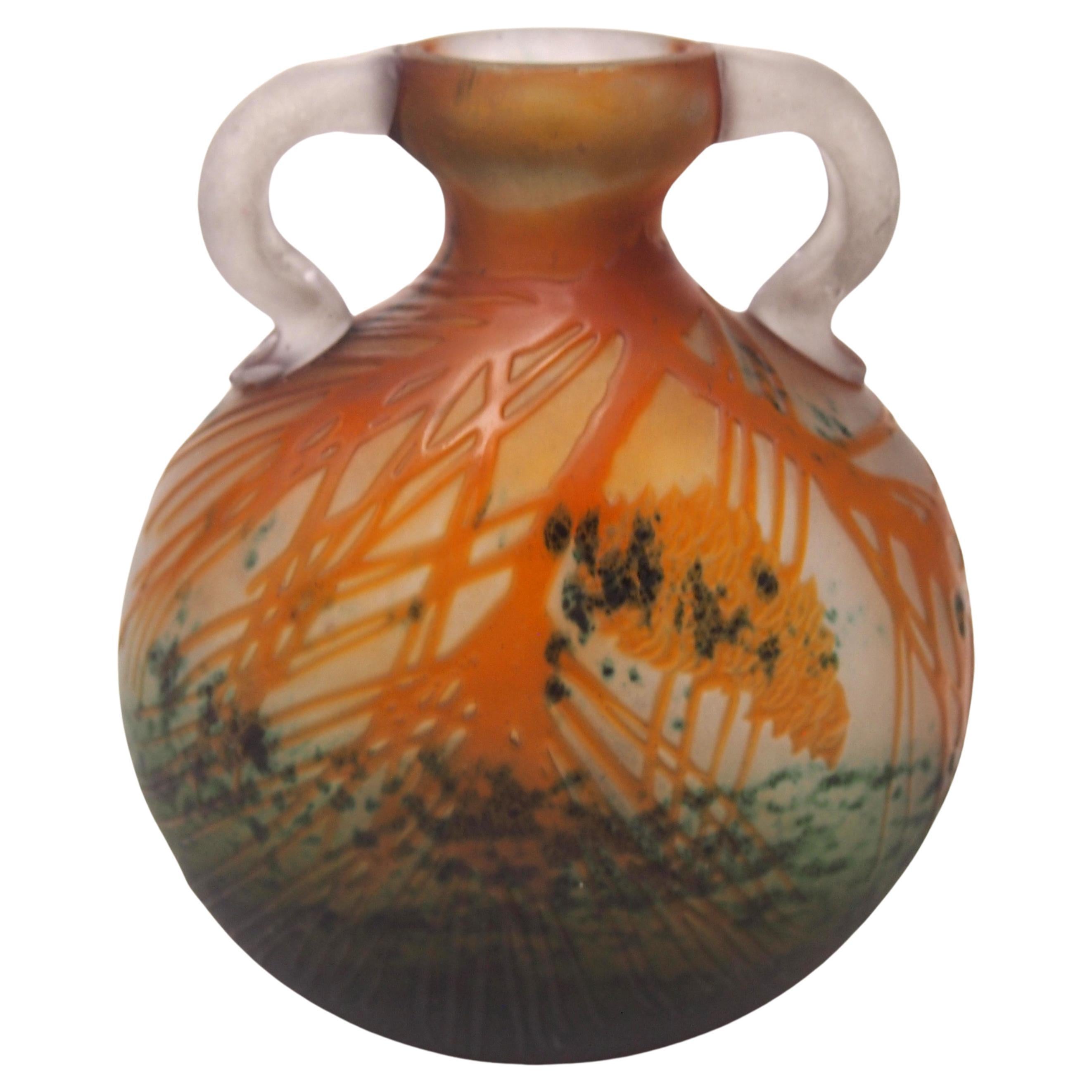 Exceptional French Art Nouveau Marbled Emile Galle Cameo Glass Vase -Fircones  For Sale