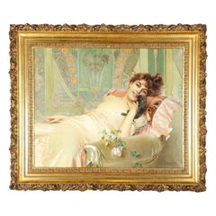 Exceptional French Art Nouveau Oil on Canvas Painting of an Elegant Lady and Pup