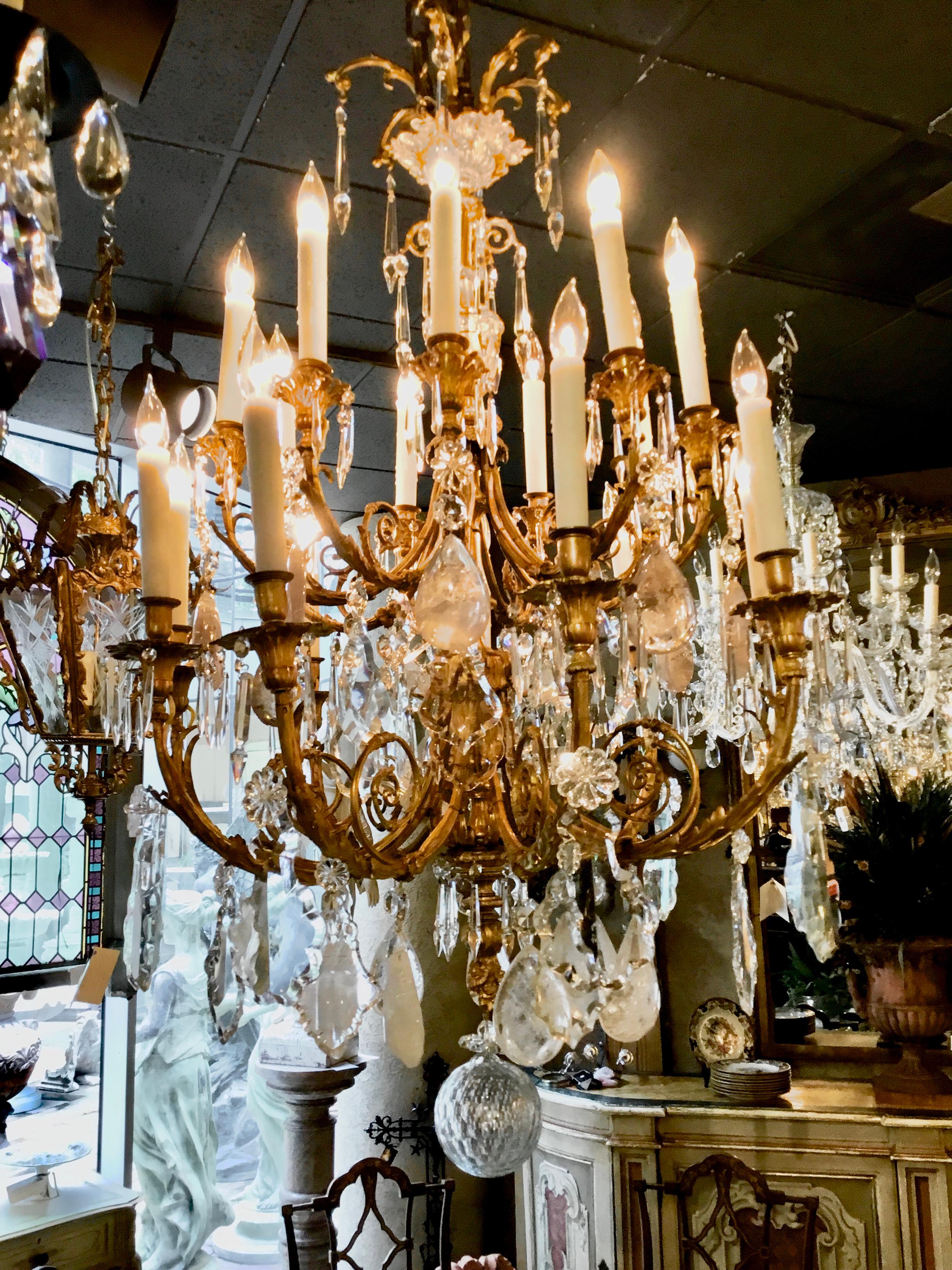 Exceptional French Chandelier, Bronze Dore Clear Crystal, Rock and Smoke Crystal In Excellent Condition In Houston, TX