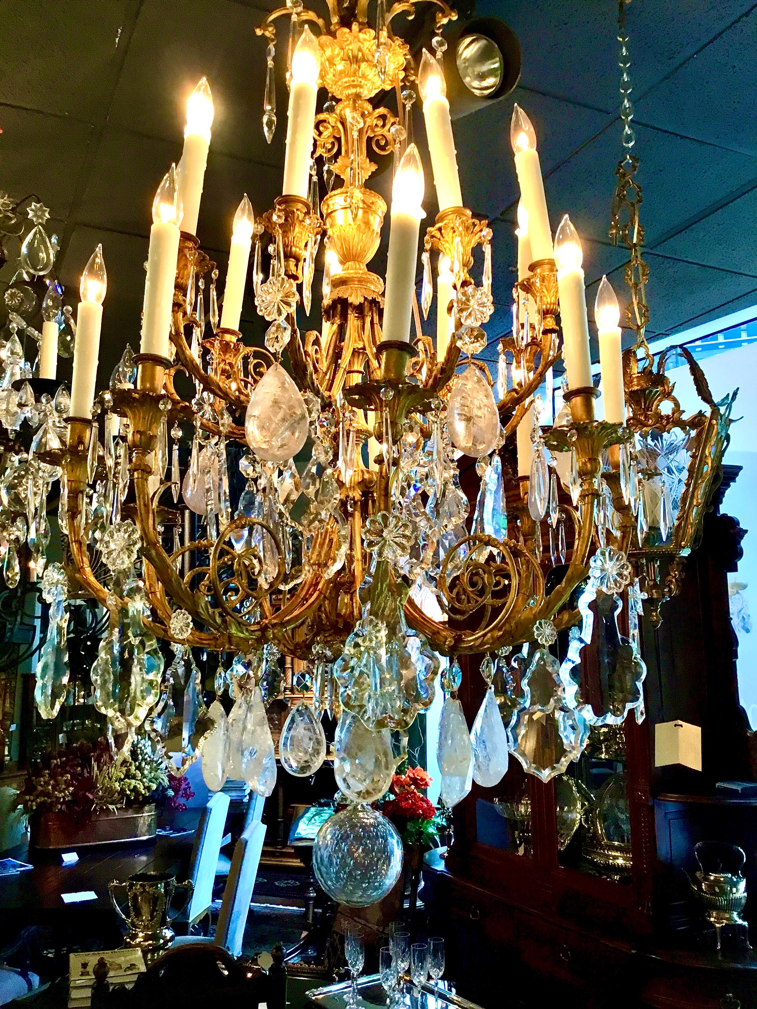 20th Century Exceptional French Chandelier, Bronze Dore Clear Crystal, Rock and Smoke Crystal